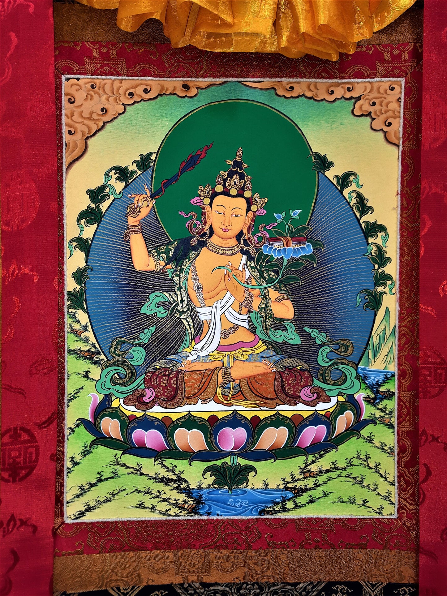 Original Hand-painted Master Quality Manjushri/ Manjushree God of Divine Wisdom Tibetan Thangka Painting with Premium Silk Brocade