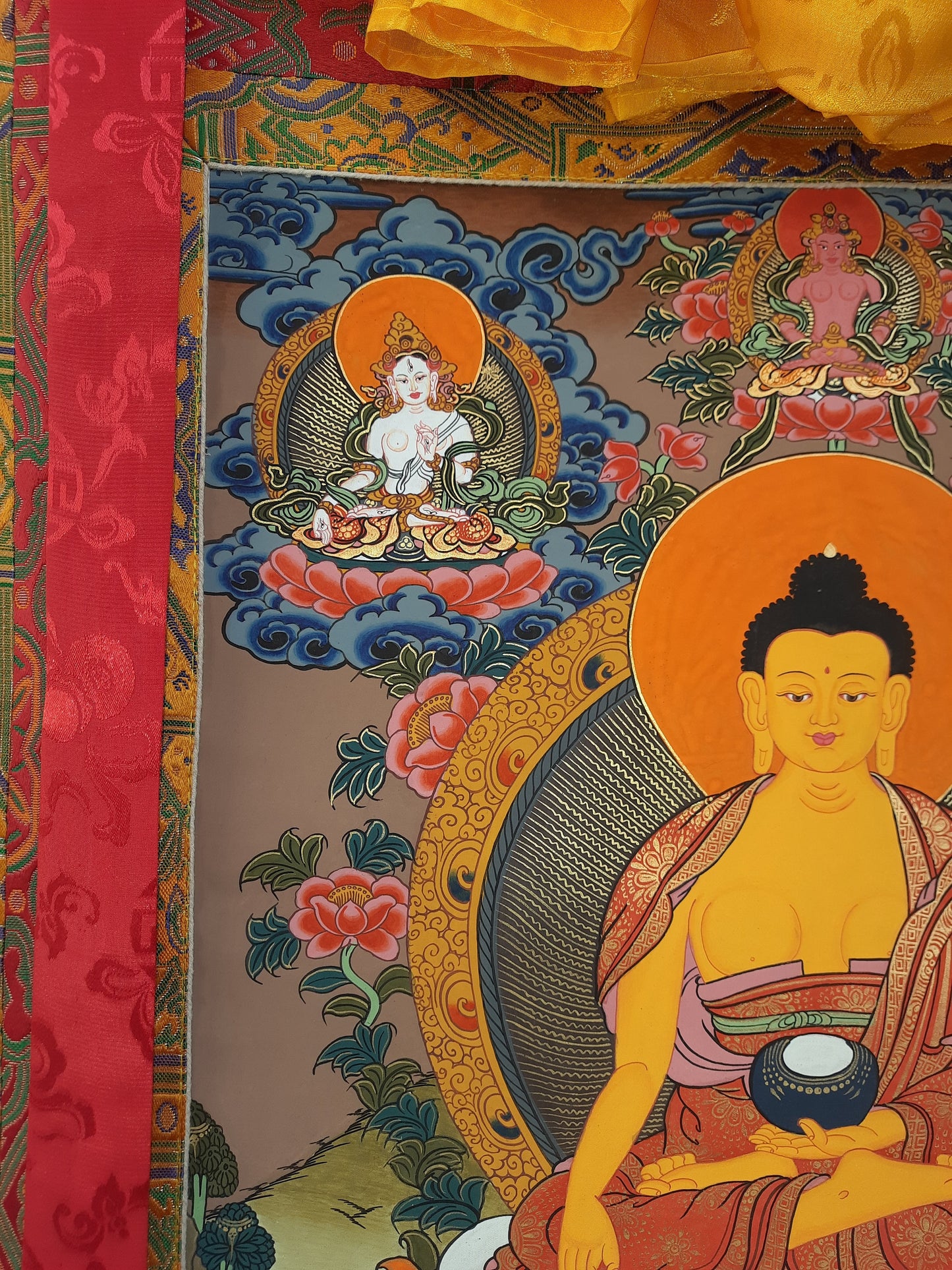 Original Hand Painted Shakyamuni / Gautama Buddha/ Tibetan Wall Hanging Compassion Meditation Thangka / Thanka Painting with Silk Frame