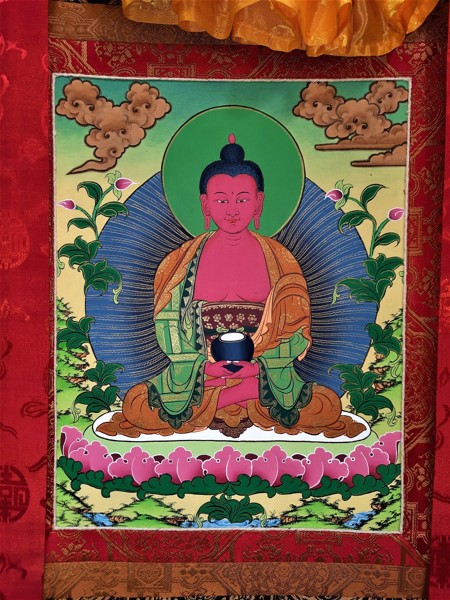 Original Hand Painted Amitabha Buddha Masterpiece 24k Gold Tibetan Compassion / Meditation Thangka / Thanka Painting Premium Silk  Framed