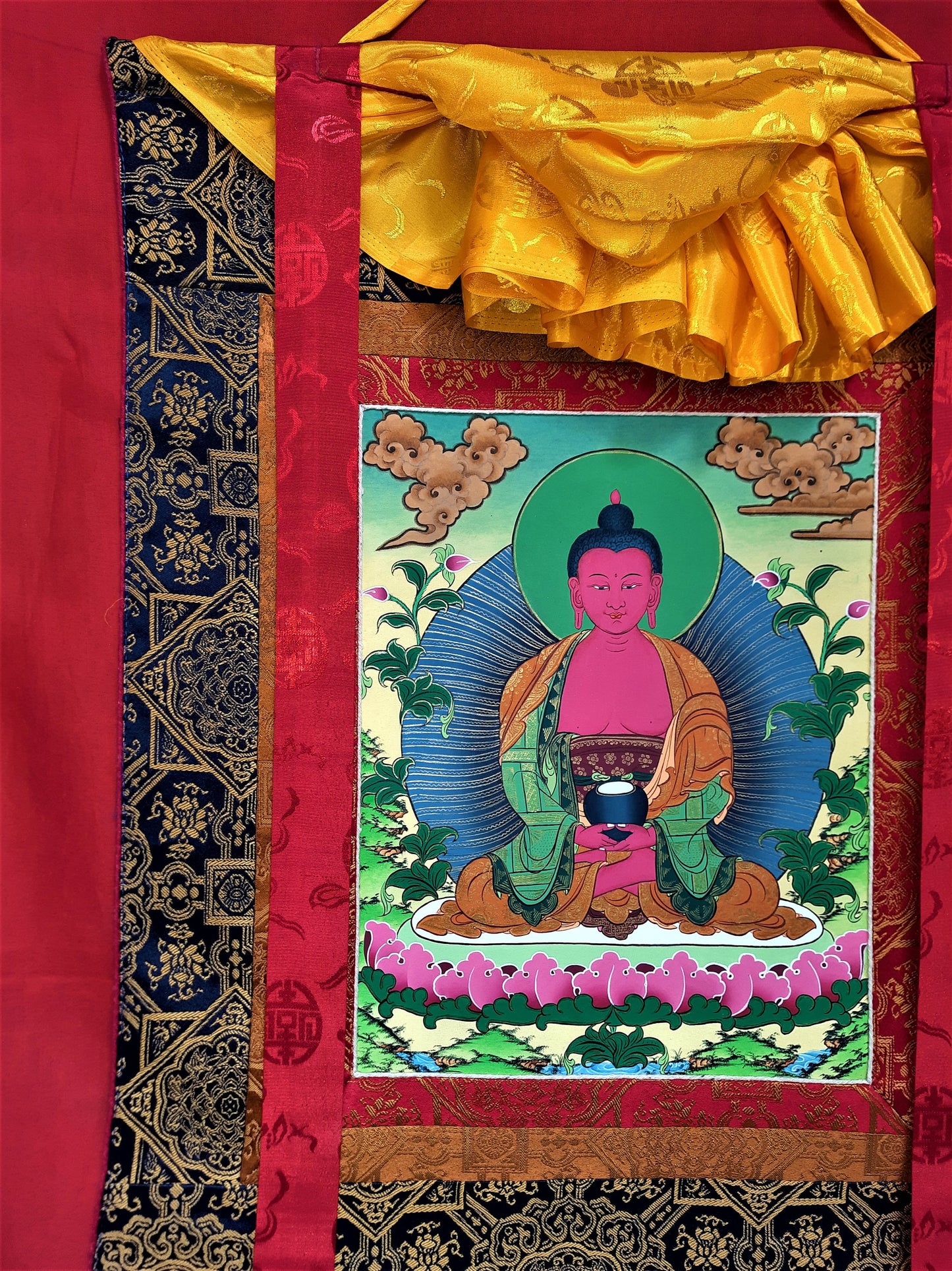 Original Hand Painted Amitabha Buddha Masterpiece 24k Gold Tibetan Compassion / Meditation Thangka / Thanka Painting Premium Silk  Framed