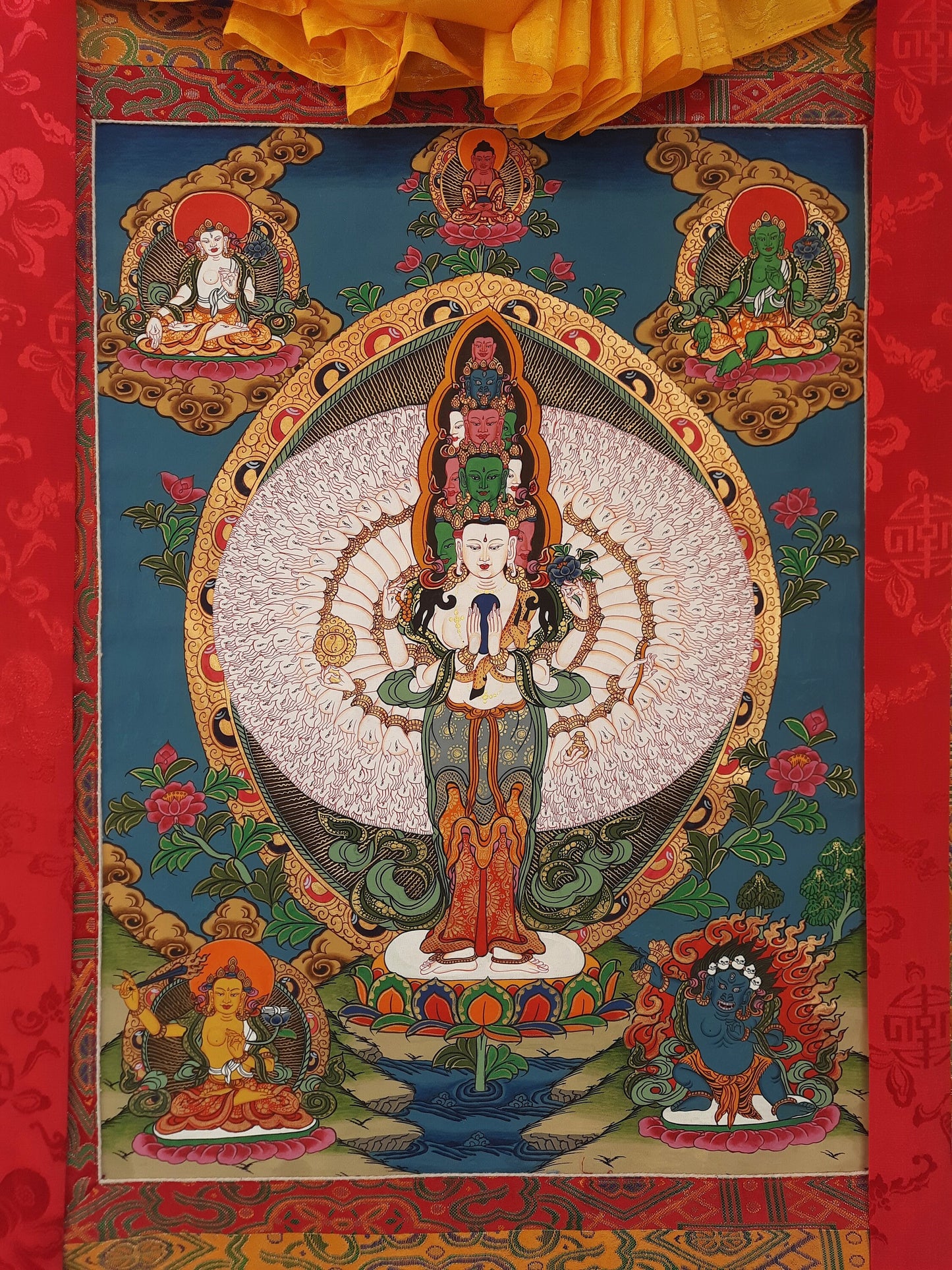 Original Hand Painted 1000 ARMED AVALOKITESHVARA / Lokeshwor Tibetan Meditation Thangka / Thanka  Painting With Premium Silk Brocade