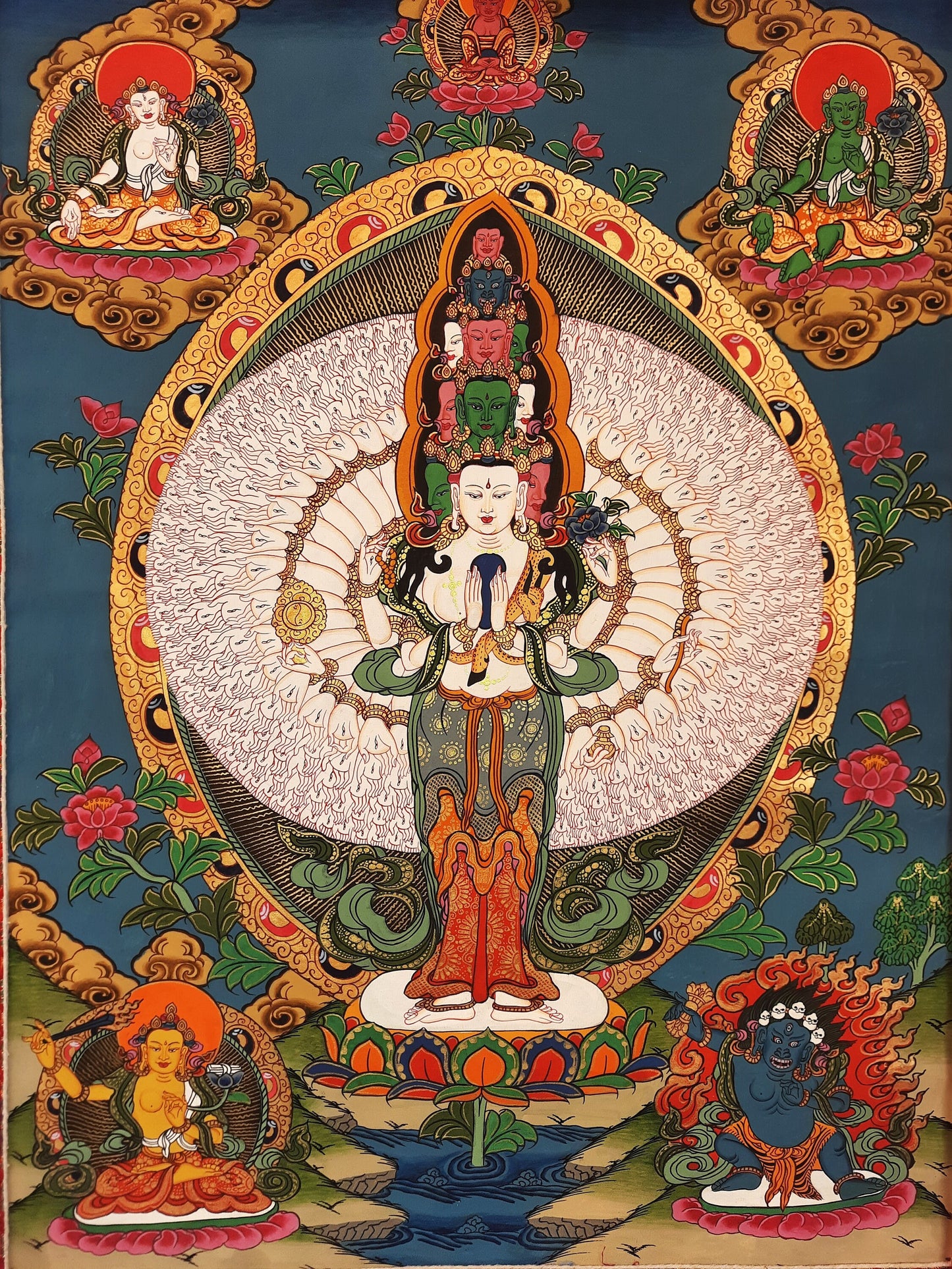 Original Hand Painted 1000 ARMED AVALOKITESHVARA / Lokeshwor Tibetan Meditation Thangka / Thanka  Painting With Premium Silk Brocade