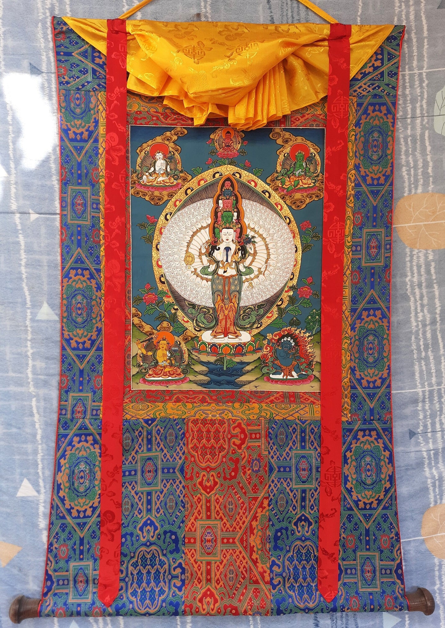 Original Hand Painted 1000 ARMED AVALOKITESHVARA / Lokeshwor Tibetan Meditation Thangka / Thanka  Painting With Premium Silk Brocade