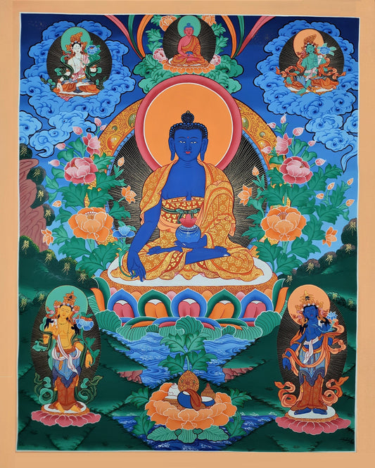 Hand-painted MEDICINE BUDDHA, Bhaisajyaguru, Buddha of Healing and Meditation, Thangka, 20 x 28-Inch