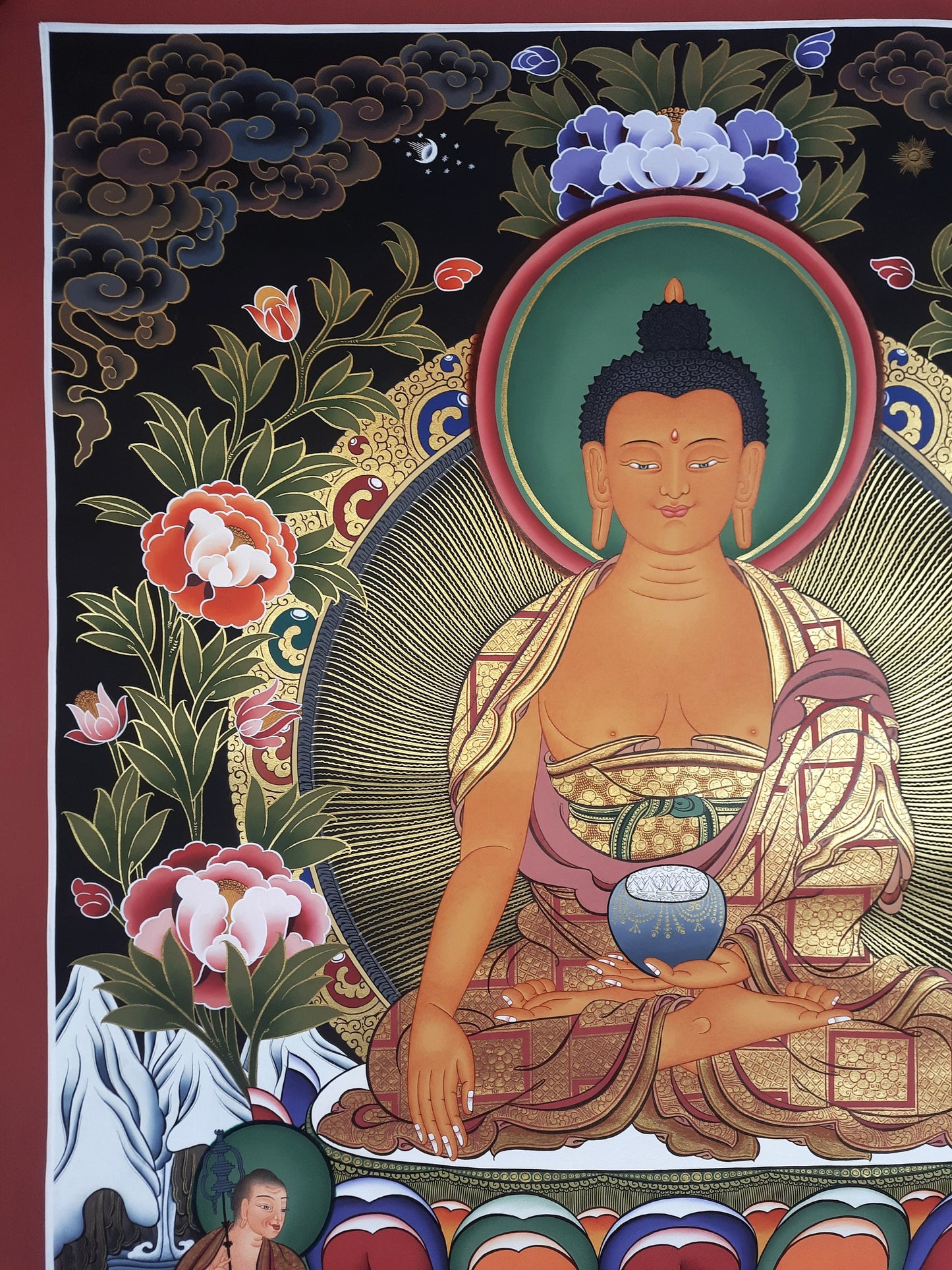 Original Hand Painted Shakyamuni/ Gautama Buddha /  With Two Disciples Large Masterpiece Tibetan Mediation  Thangka / Thanka Painting