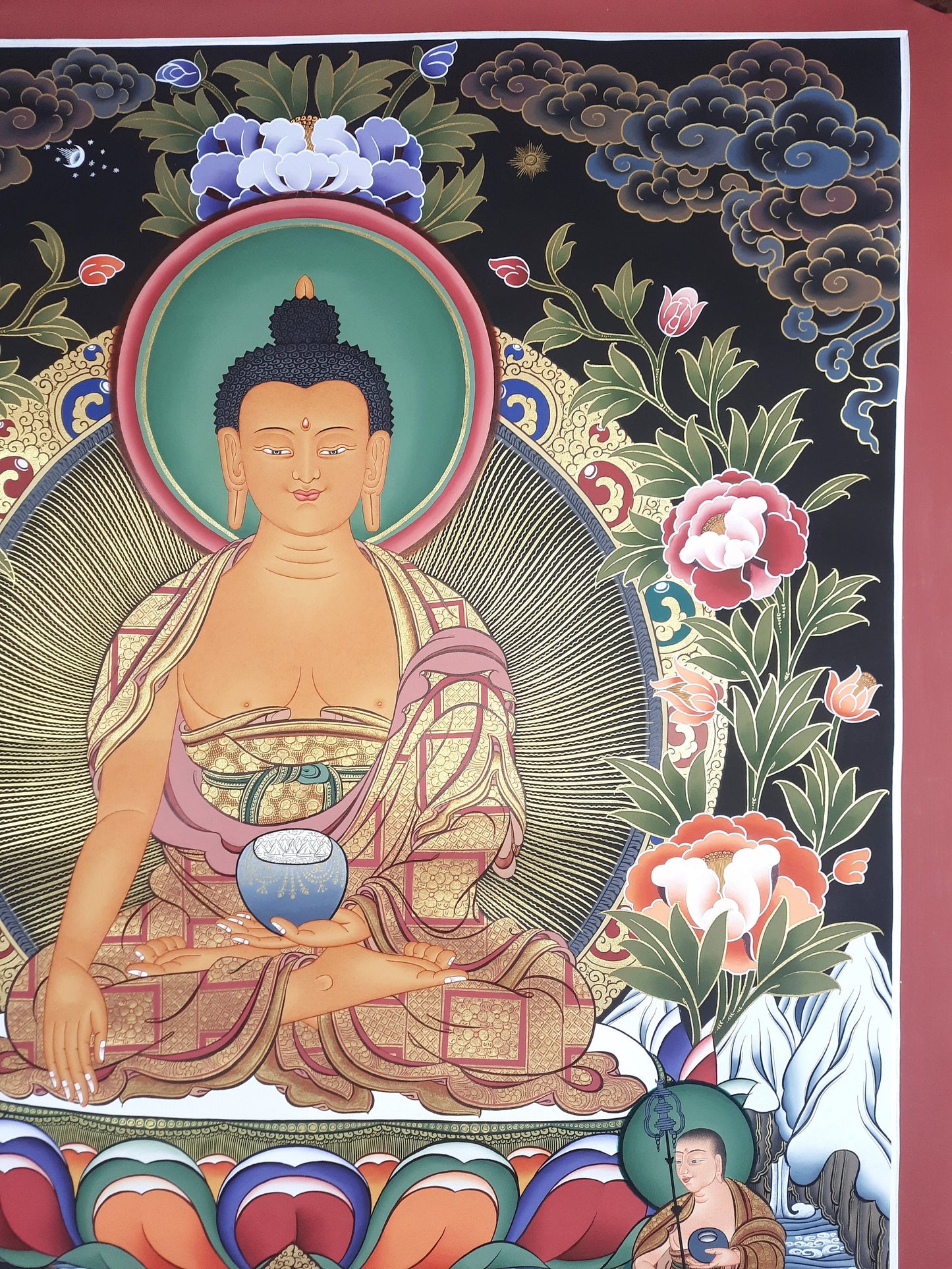 Original Hand Painted Shakyamuni/ Gautama Buddha /  With Two Disciples Large Masterpiece Tibetan Mediation  Thangka / Thanka Painting