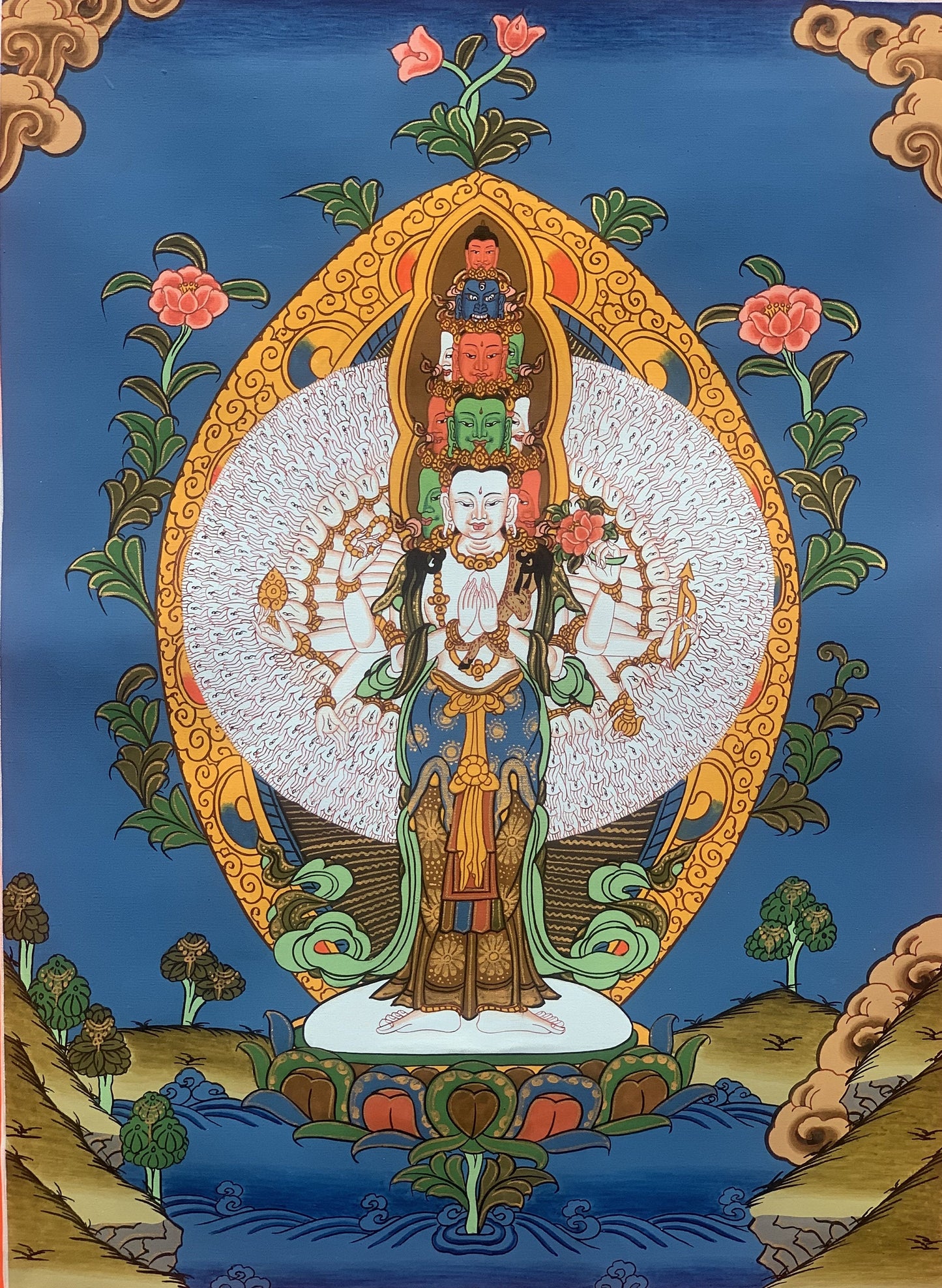 Original Hand-painted 1000 Armed Sahasrabhuja Avalokiteshvara Lokeshvara Chenrezig Chyangresi Tibetan Thangka Painting 11 x 15-Inch