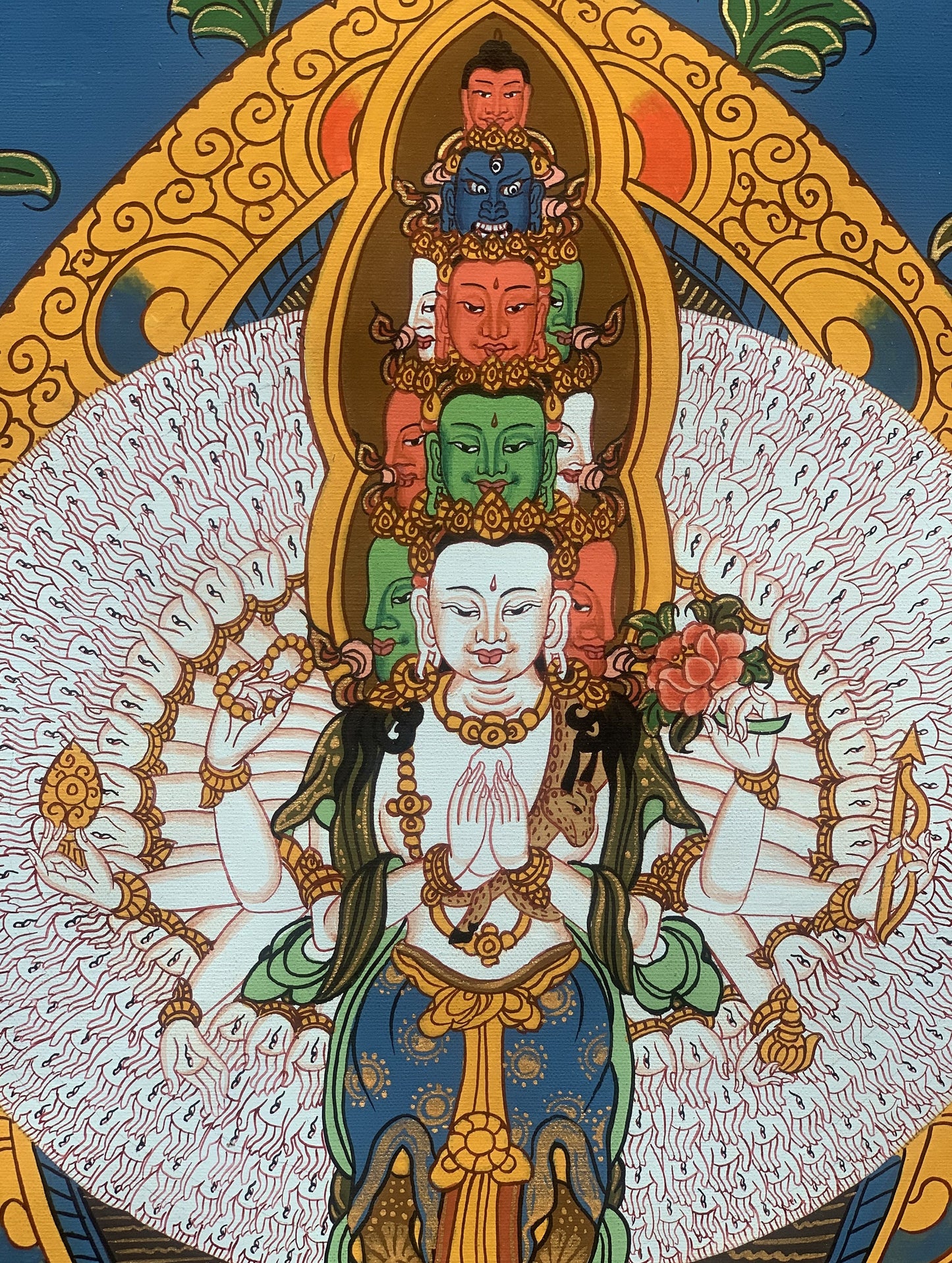 Original Hand-painted 1000 Armed Sahasrabhuja Avalokiteshvara Lokeshvara Chenrezig Chyangresi Tibetan Thangka Painting 11 x 15-Inch