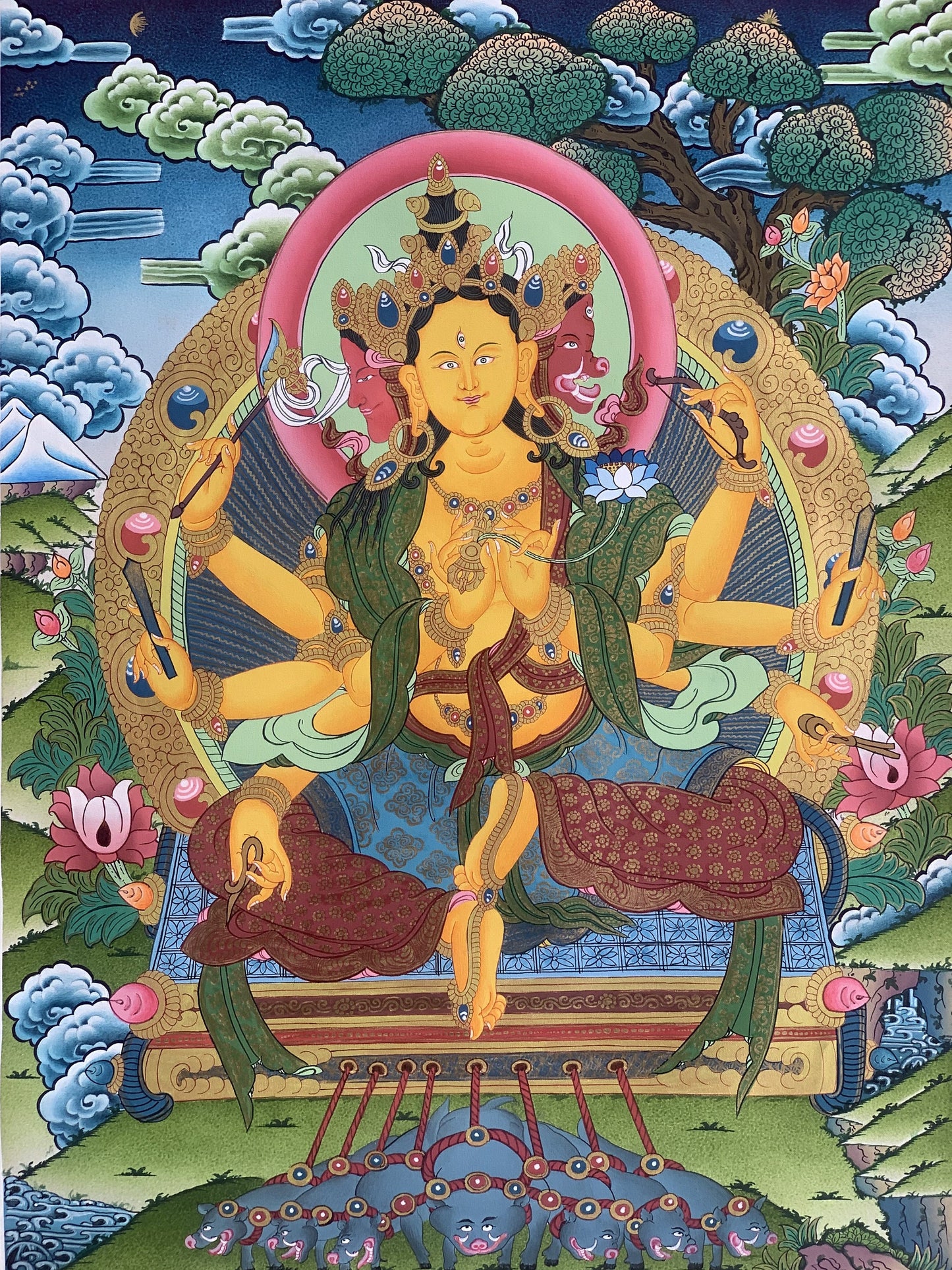 Original Hand Painted Marici Marichi Goddess of Dawan Ray of Light Masterpiece 24 K Gold Tibetan Thangka Painting