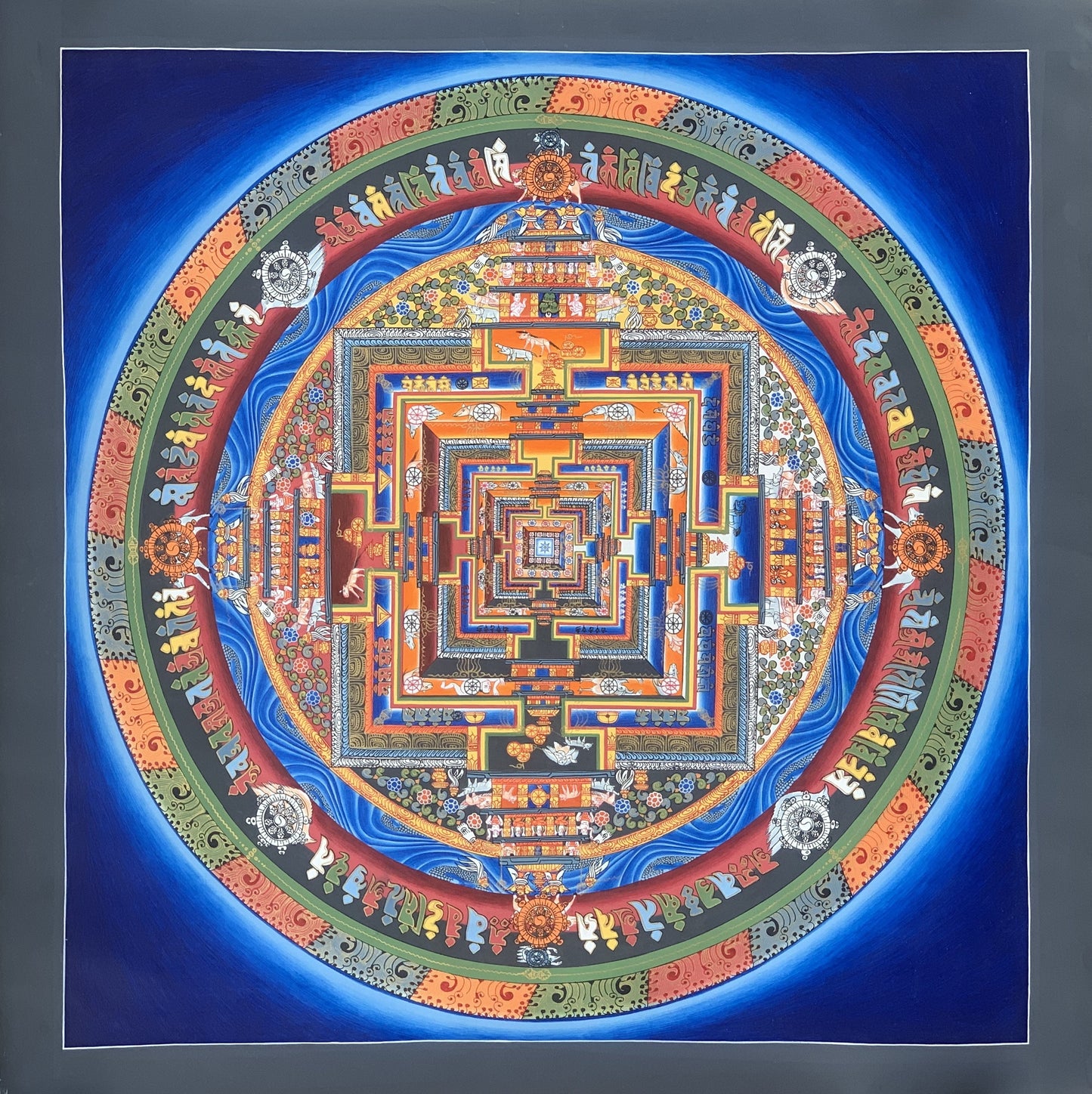 Original Hand-painted Master Quality Blue Kalachakra Mandala Wheel of Life Tibetan Thangka Painting 60 cm x 60 cm