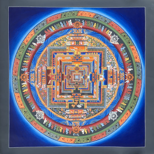 Original Hand-painted Master Quality Blue Kalachakra Mandala Wheel of Life Tibetan Thangka Painting 60 cm x 60 cm