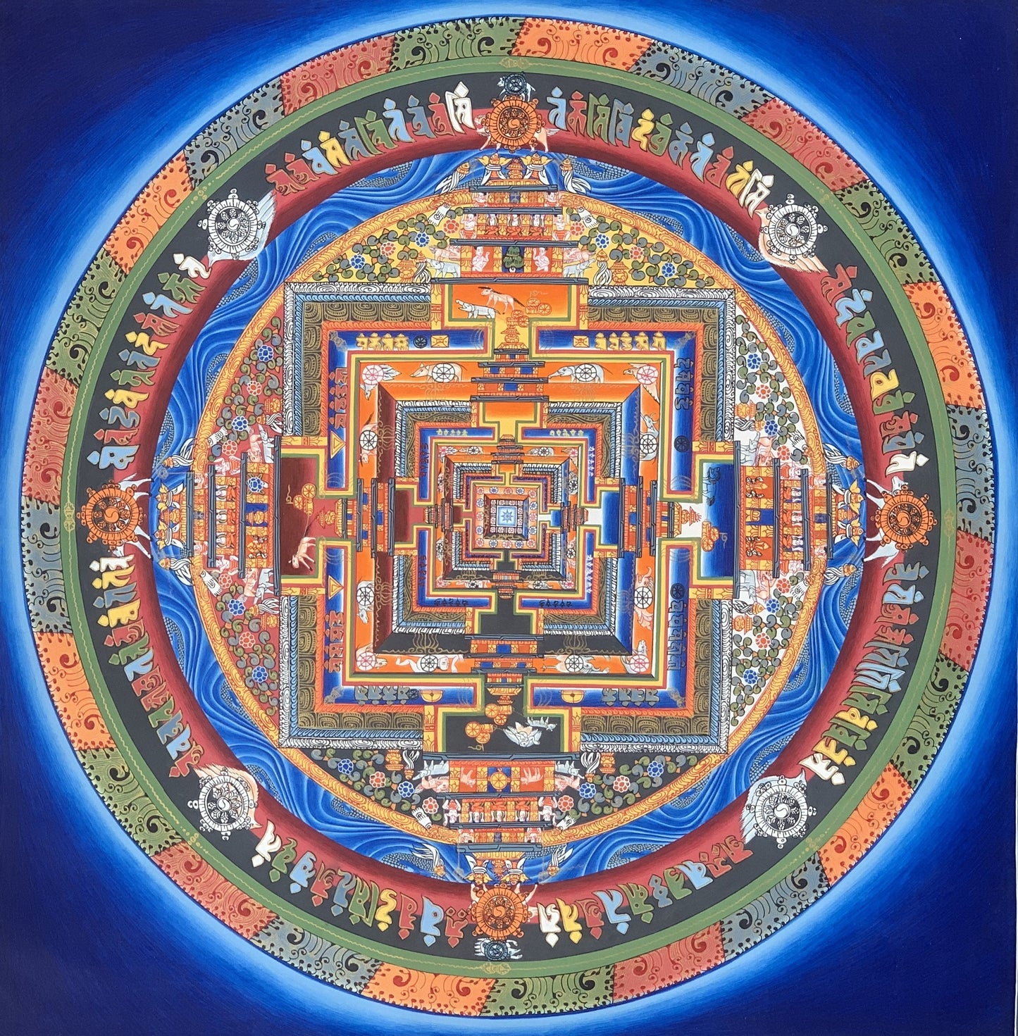 Original Hand-painted Master Quality Blue Kalachakra Mandala Wheel of Life Tibetan Thangka Painting 60 cm x 60 cm