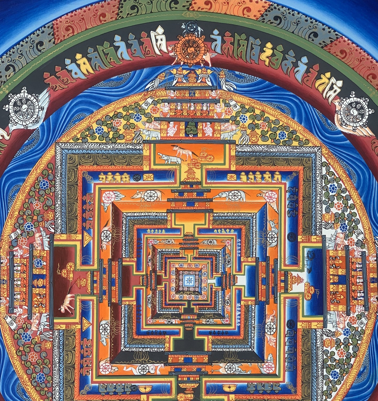 Original Hand-painted Master Quality Blue Kalachakra Mandala Wheel of Life Tibetan Thangka Painting 60 cm x 60 cm