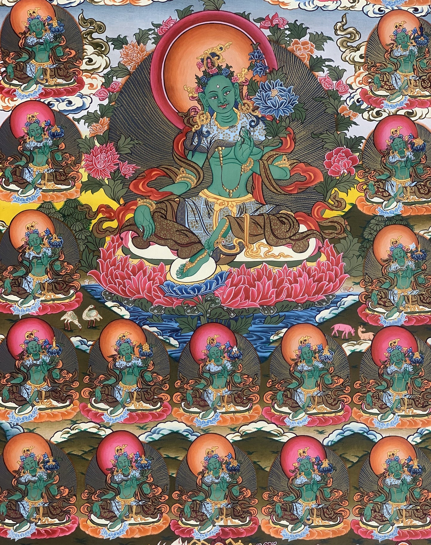 Original Hand-painted Master Quality Masterpiece 21 Green Tara Shyamatara 24K Gold Tibetan Thangka Painting  18 x 24-Inch