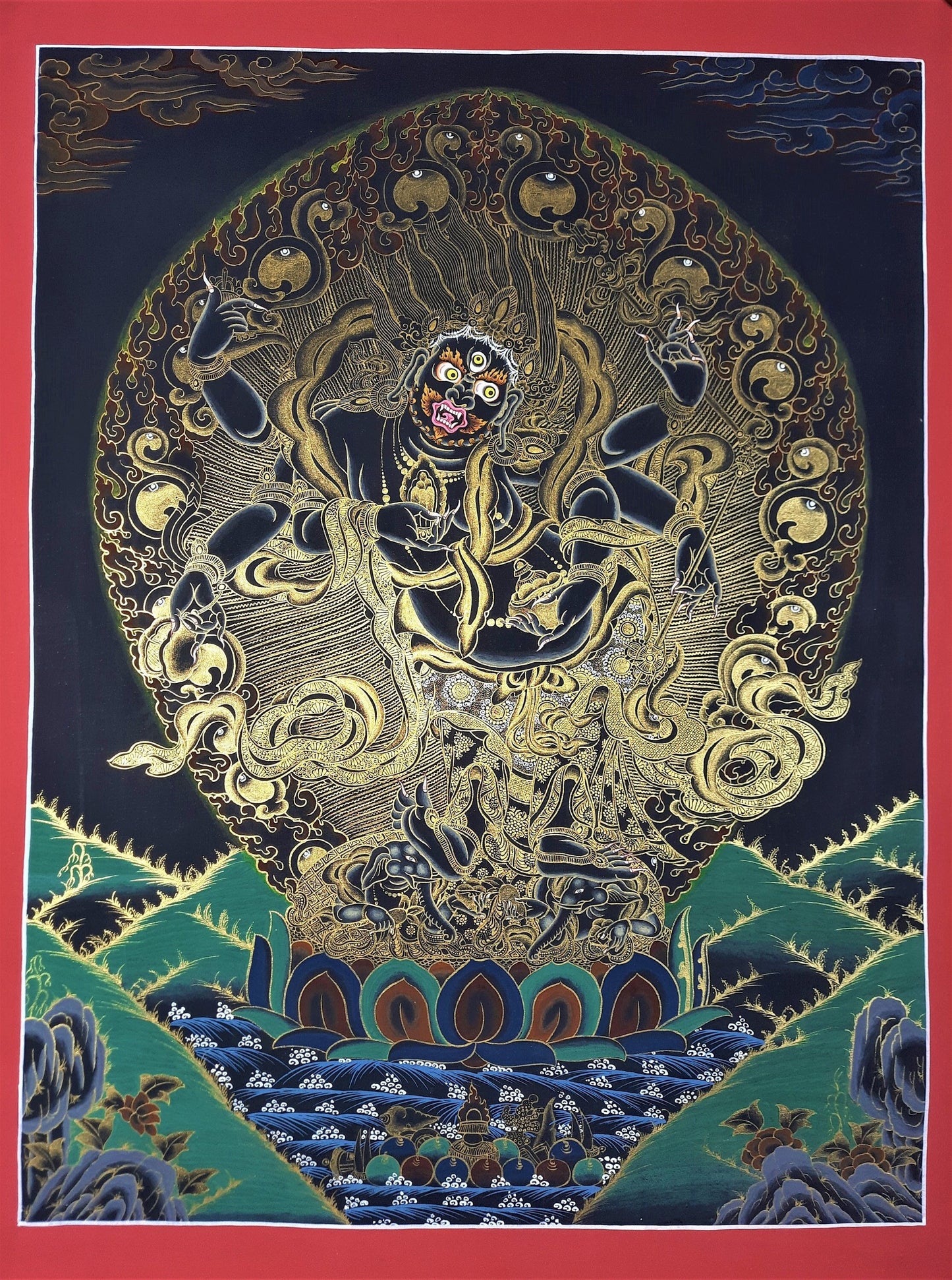 Original Hand Painted White Mahakala / Six Arm Mahakala Tibetan Compassion Meditation Wall hanging Thangka / Thanka Painting From Nepal