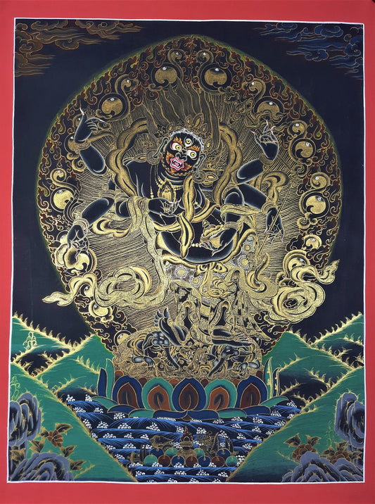 Original Hand Painted White Mahakala / Six Arm Mahakala Tibetan Compassion Meditation Wall hanging Thangka / Thanka Painting From Nepal