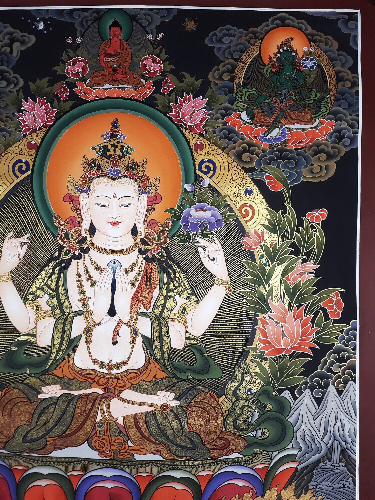 Original Hand Painted Large Chenrezig / Compassion Buddha Masterpiece   Tibetan Wall hanging Thangka / Thanka Painting From Nepal