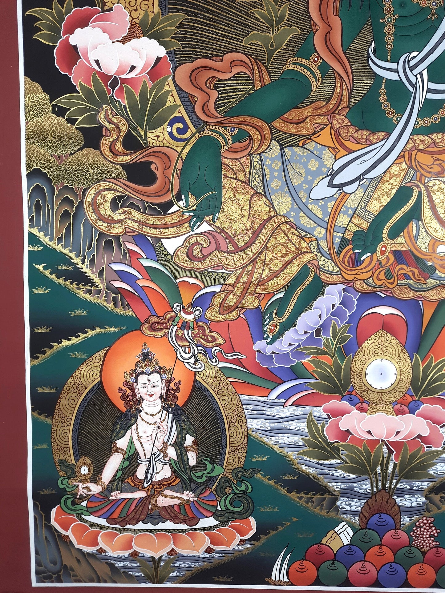 Hand painted Original Green Tara Masterpiece Painting Tibetan Wall hanging Thangka  / Thangka / Compassion Meditation