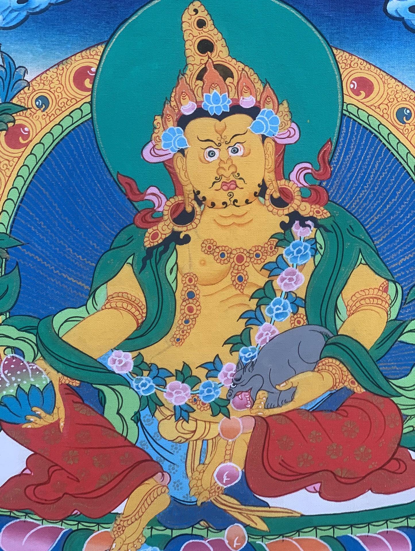 Original Hand Painted Yellow Dzambhala/Jambhala/Kubera  God Of Wealth Tibetan Compassion / Meditation Thangka / Thanka  Painting From Nepal