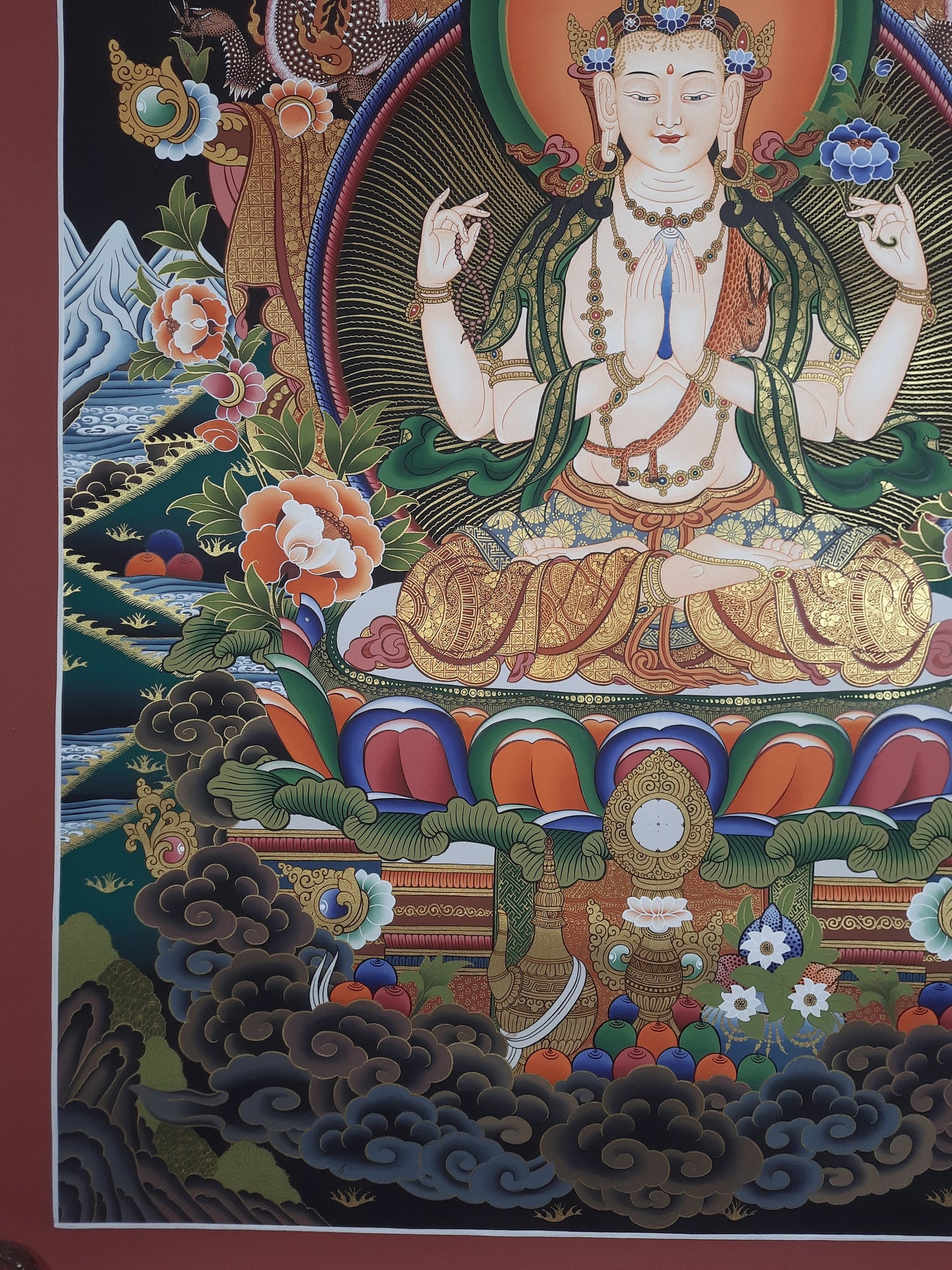 Original Hand Painted Chenrezig / Compassion Buddha Masterpiece Tibetan  Meditation Wall hanging Thangka / Thanka  Painting From Nepal