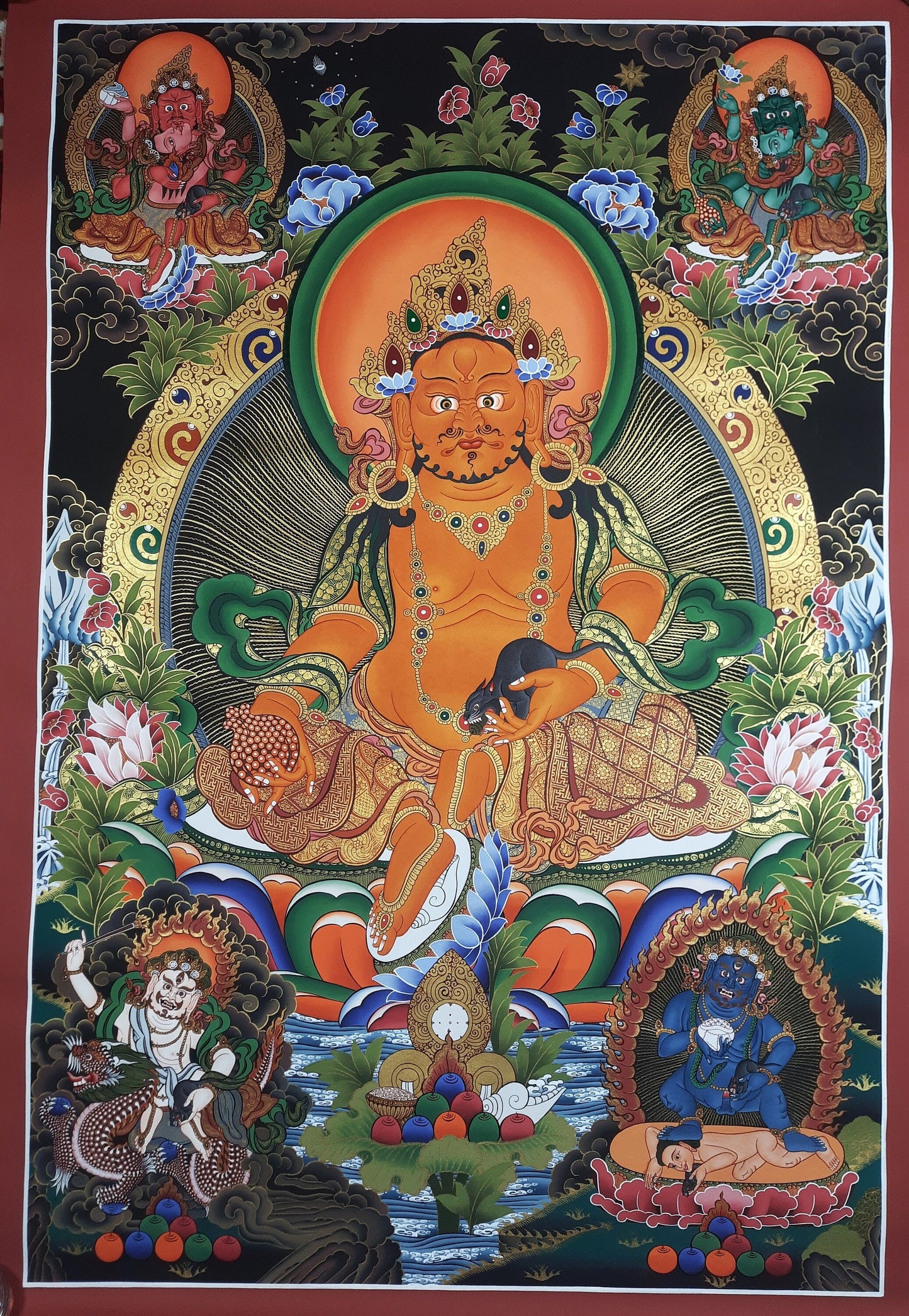 Original Hand Painted Pancha Jambhala / Zambala/ God Of Wealth/ Master Quality Meditation Wall hanging Thangka / Thanka Painting From Nepal