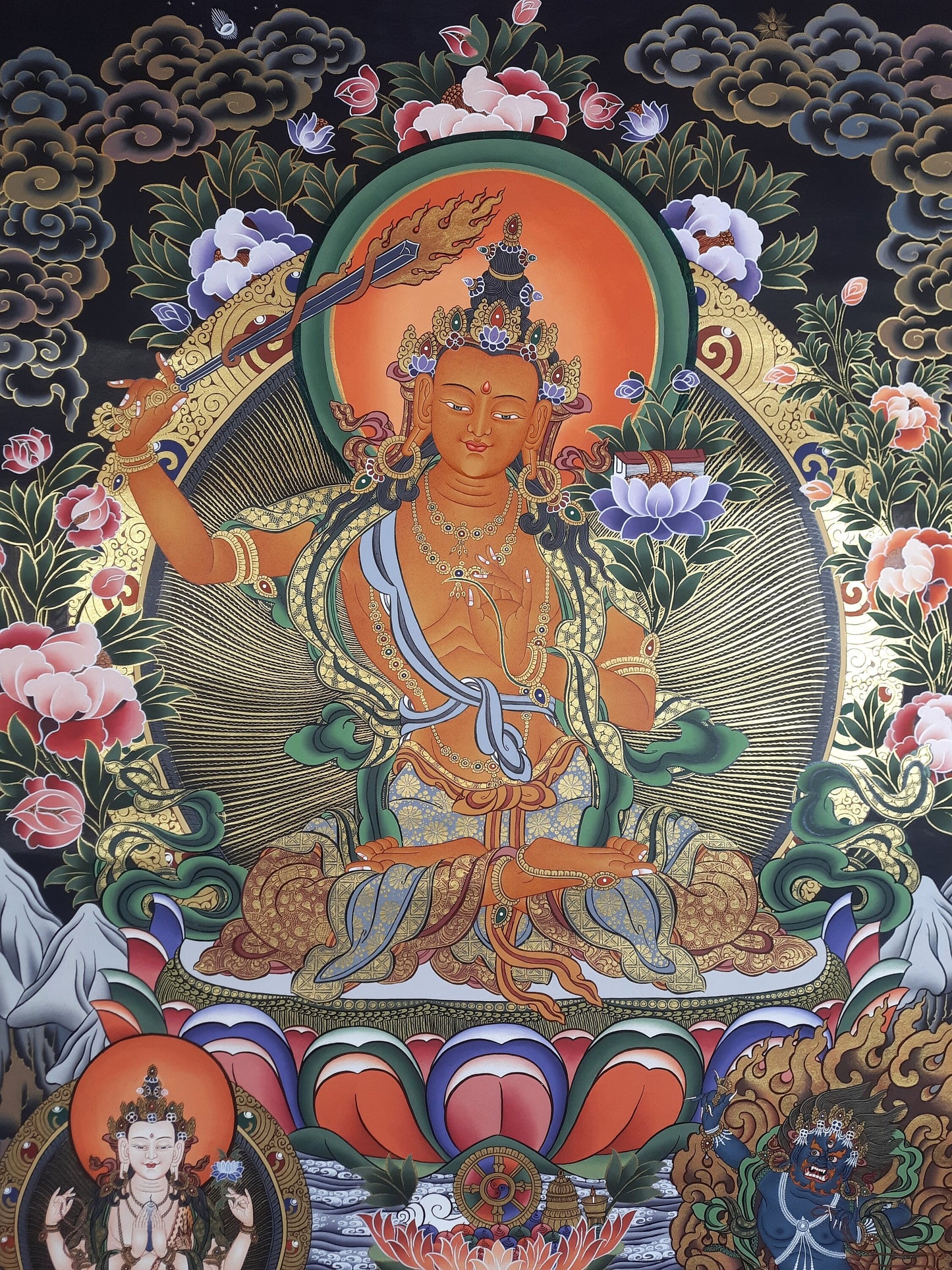 Original Hand-Painted Large Manjushri, Manjushree, Jampelyang, Bodhisattva of Wisdom,  Masterpiece, Thangka From Nepal