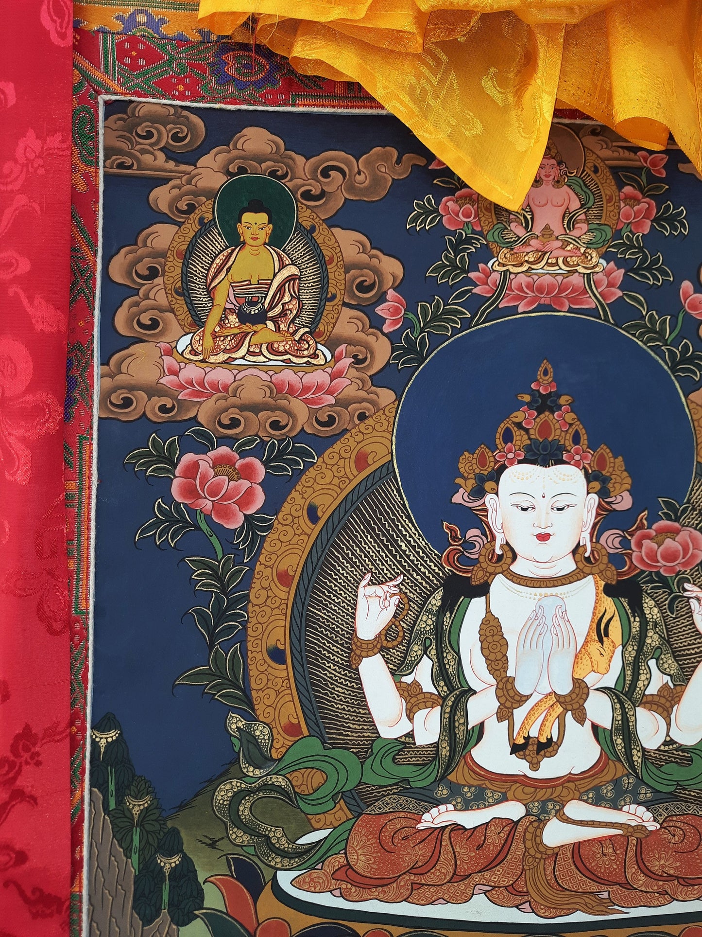 Original Hand Painted  Chenrezig  / Compassion Buddha  Tibetan Compassion / Meditation Thangka / Thanka  Painting With Premium  Silk Framed