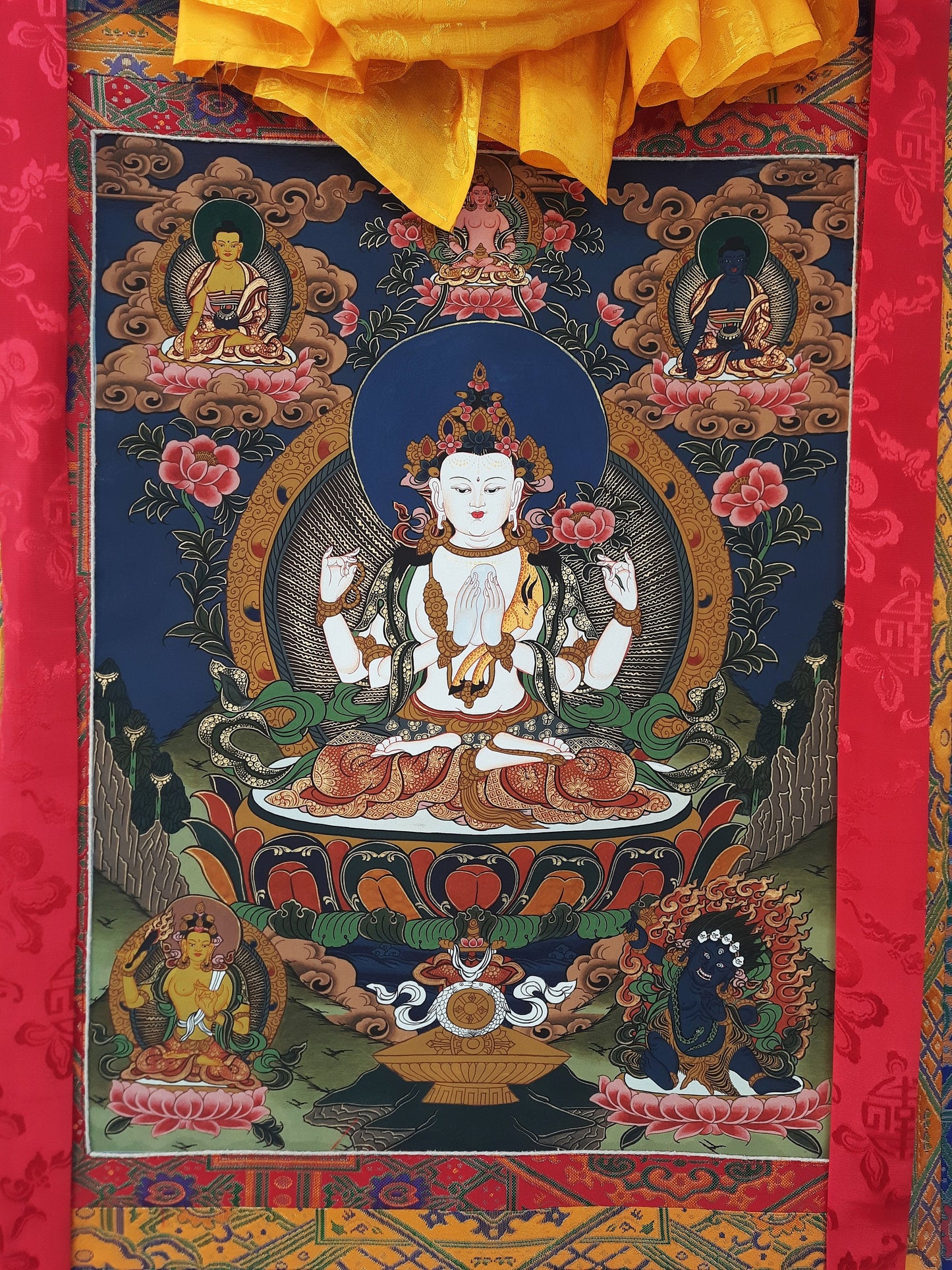 Original Hand Painted  Chenrezig  / Compassion Buddha  Tibetan Compassion / Meditation Thangka / Thanka  Painting With Premium  Silk Framed