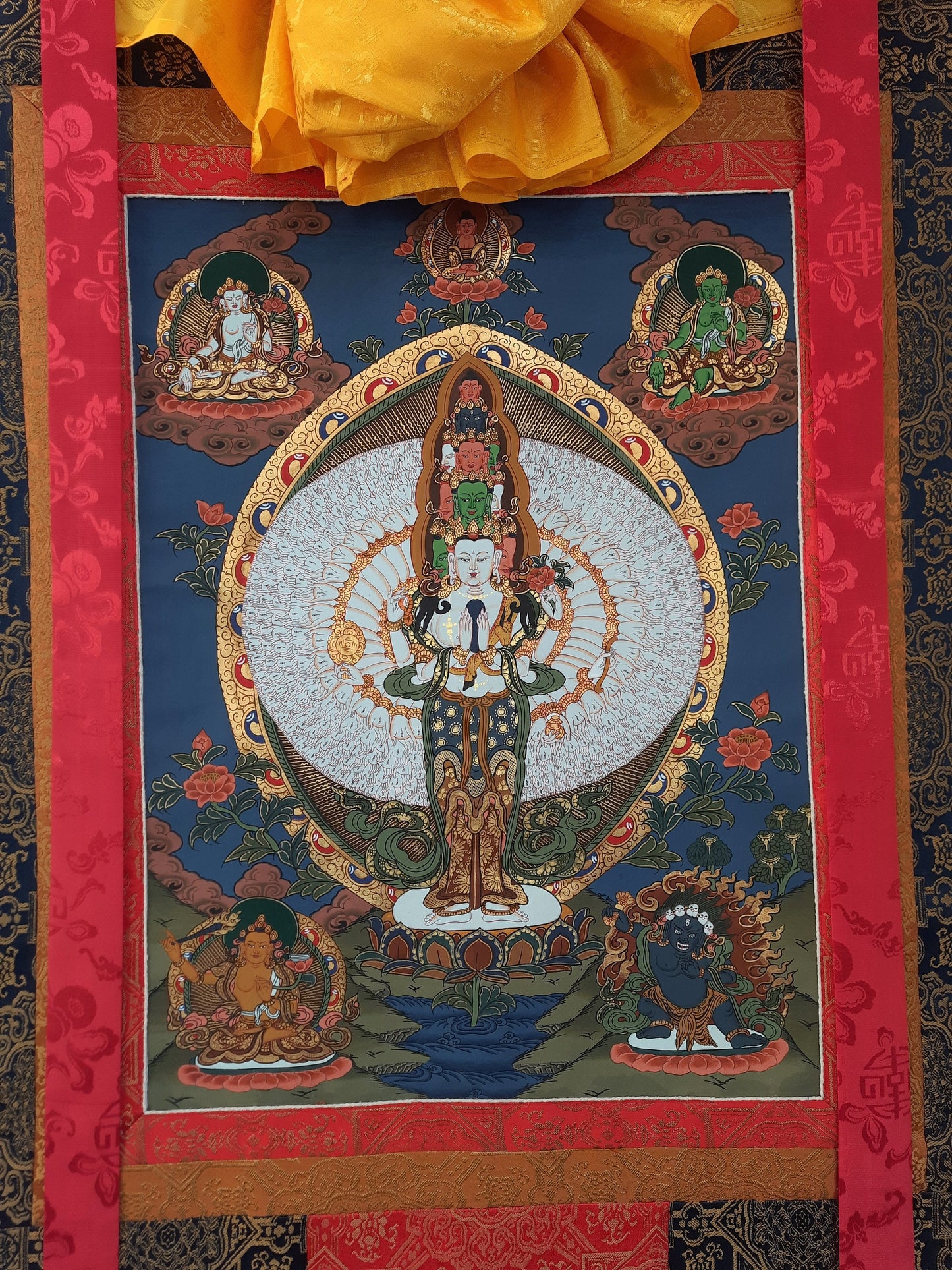 Original Hand Painted 1000 ARMED AVALOKITESHVARA /Lokeshwor Tibetan Meditation Thangka / Thanka  Painting with High Quality Silk Framed