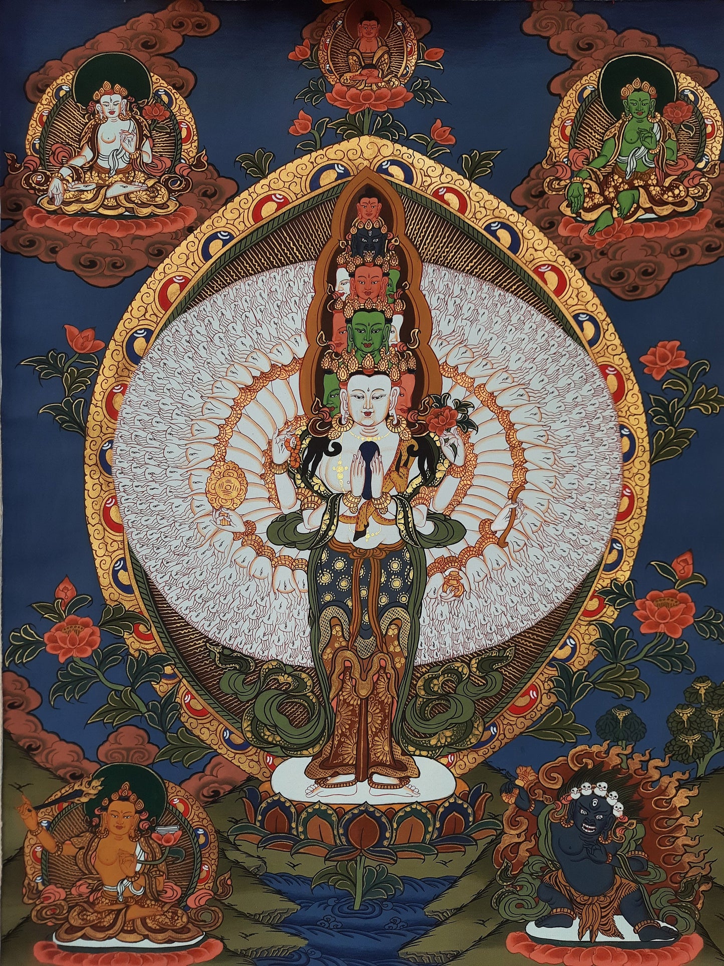 Original Hand Painted 1000 ARMED AVALOKITESHVARA /Lokeshwor Tibetan Meditation Thangka / Thanka  Painting with High Quality Silk Framed