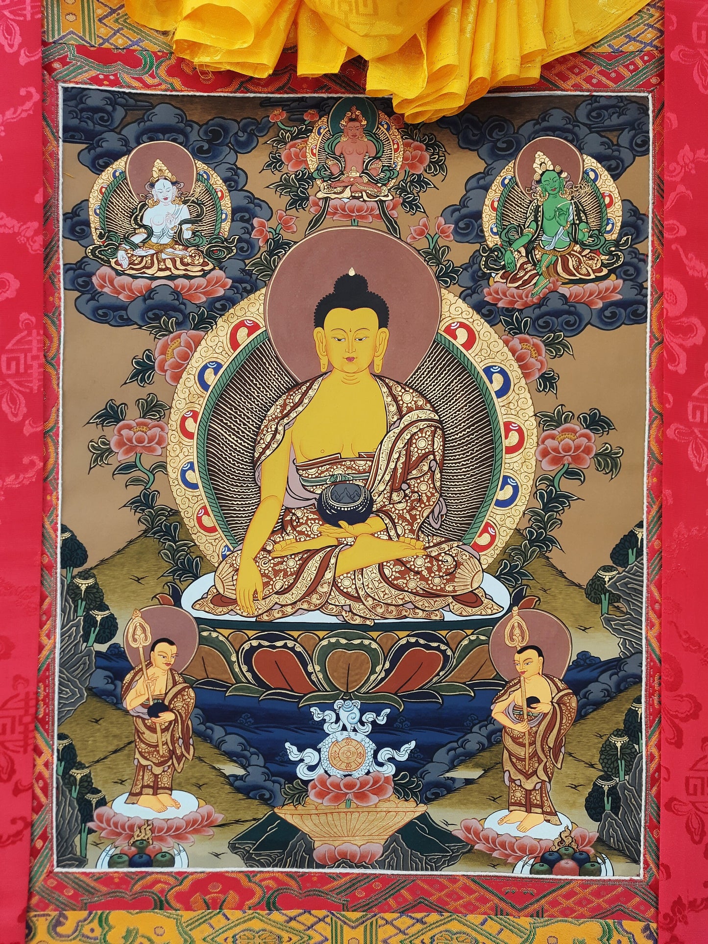 Original Hand Painted Shakyamuni / Lord Gautama / Compassion, Meditation Tibetan Thangka / Thanka Painting From Nepal with Silk Brocade