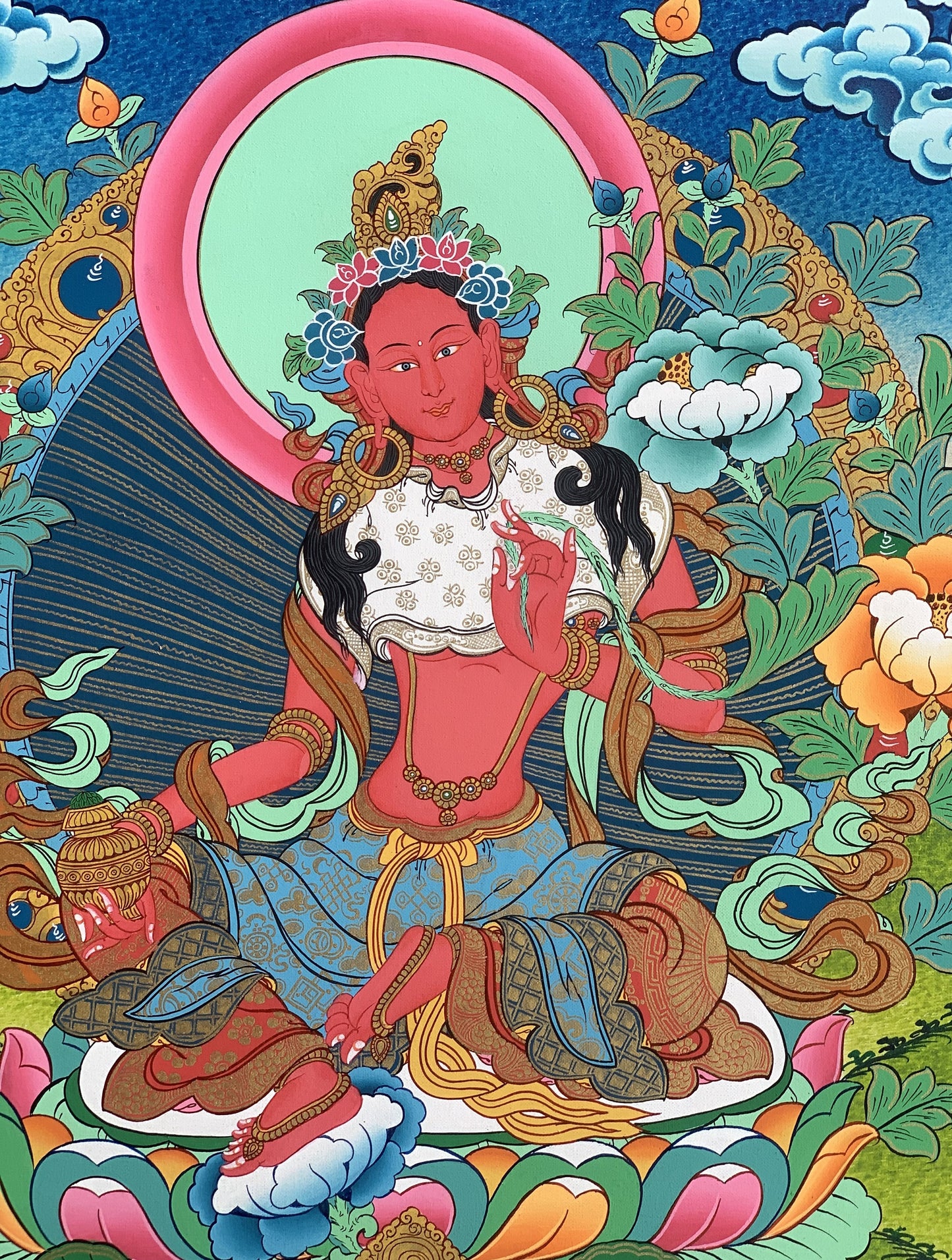 Original Hand-painted Masterpiece Red Tara Divine Mother Female Buddha Protector Tibetan Meditation Thangka Painting with Silk Brocade