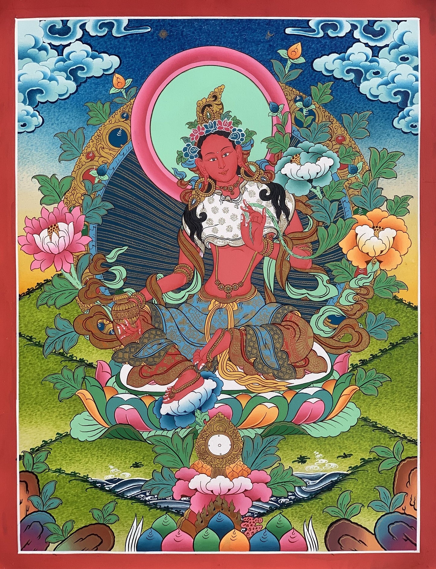 Original Hand-painted Masterpiece Red Tara Divine Mother Female Buddha Protector Tibetan Meditation Thangka Painting