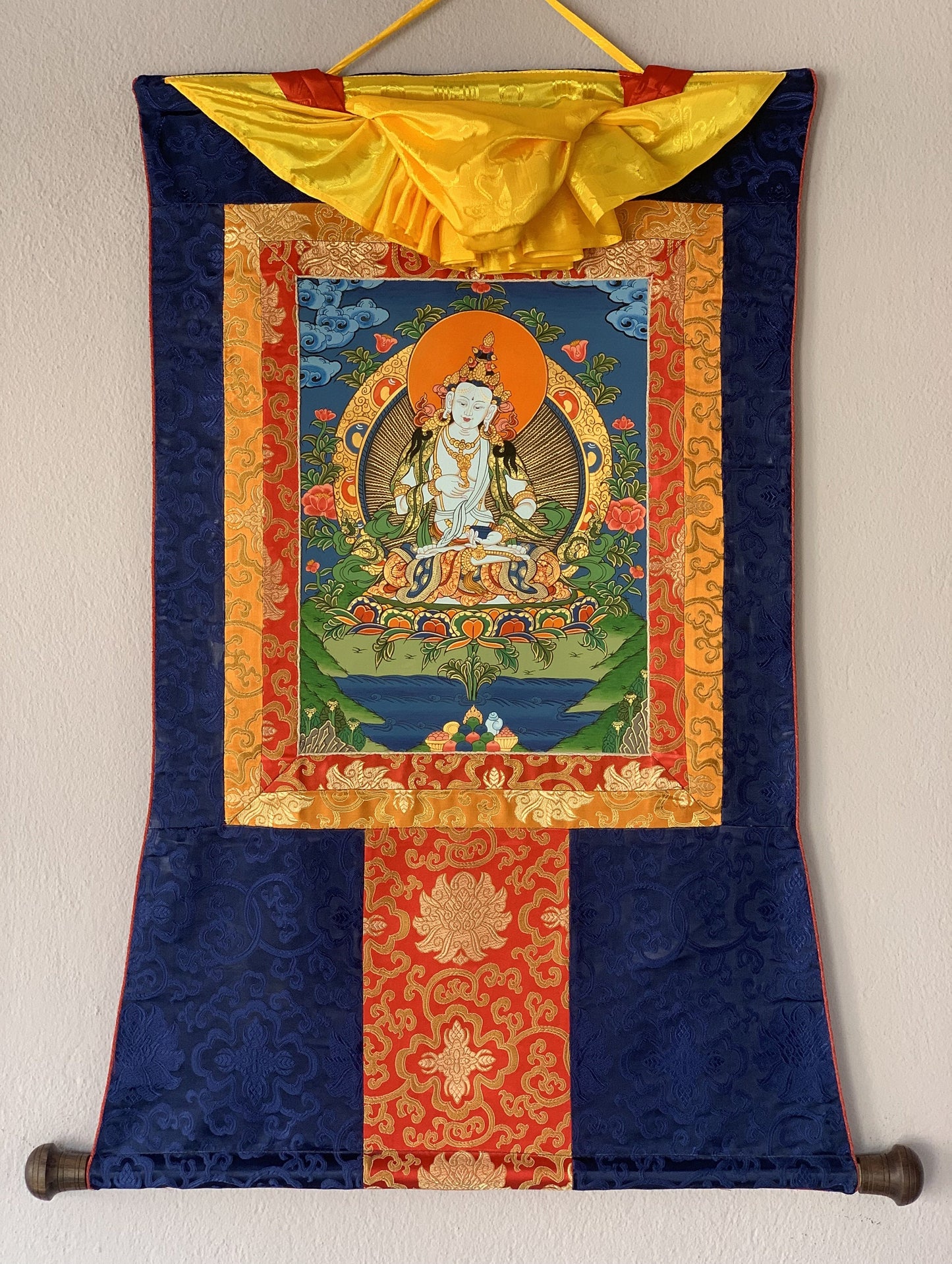 Hand-painted Vajrasattva, Dhyani Buddha, Purification, Thangka  Painting  with Silk Brocade