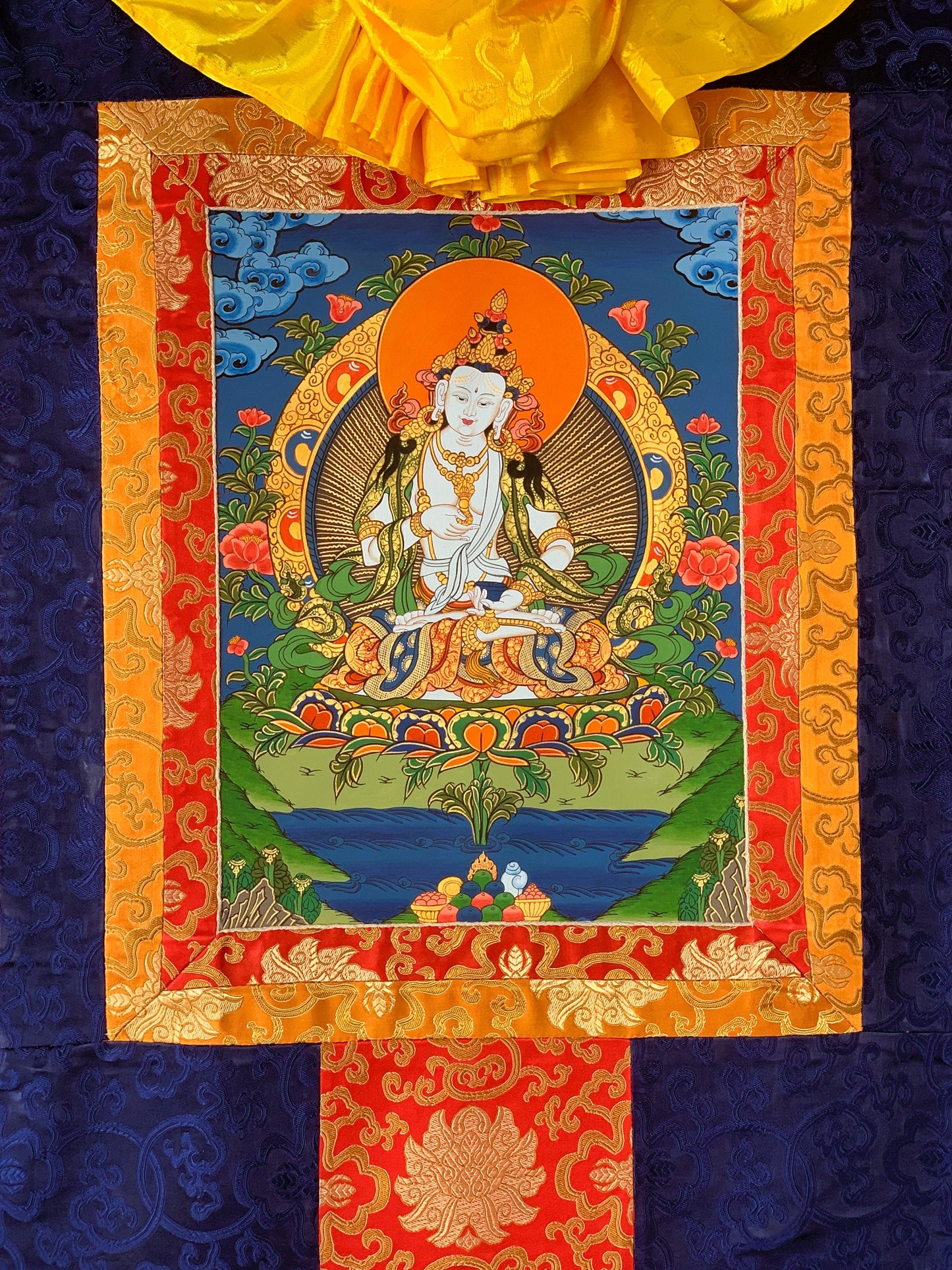 Hand-painted Vajrasattva, Dhyani Buddha, Purification, Thangka  Painting  with Silk Brocade