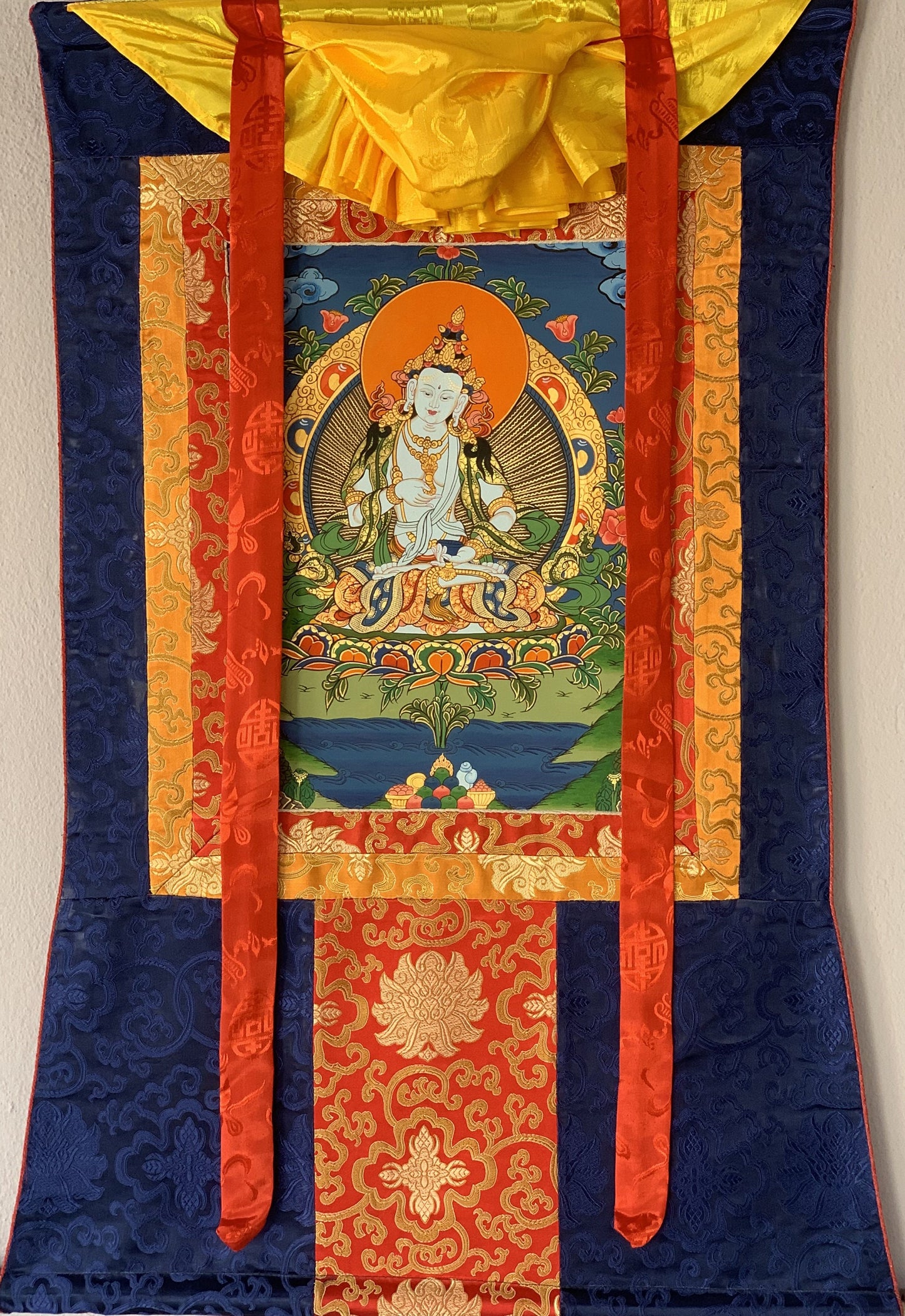 Hand-painted Vajrasattva, Dhyani Buddha, Purification, Thangka  Painting  with Silk Brocade