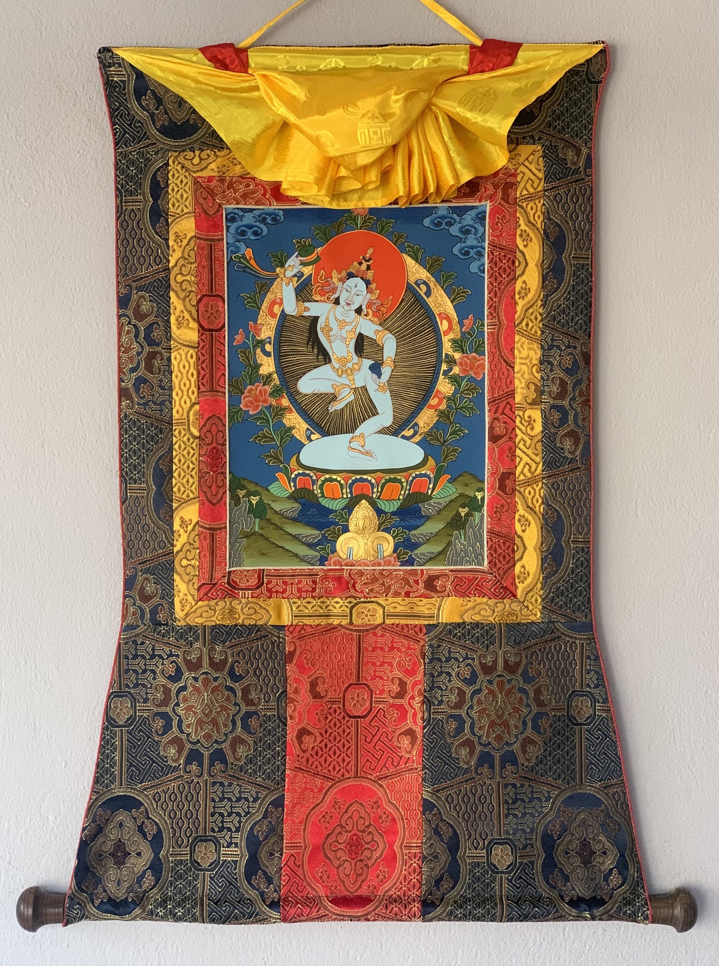 Original Hand-Painted Machig Labdron Tibetan Yogini Thangka Painting Buddhist Art Home Wall Hanging with Premium Silk Brocade