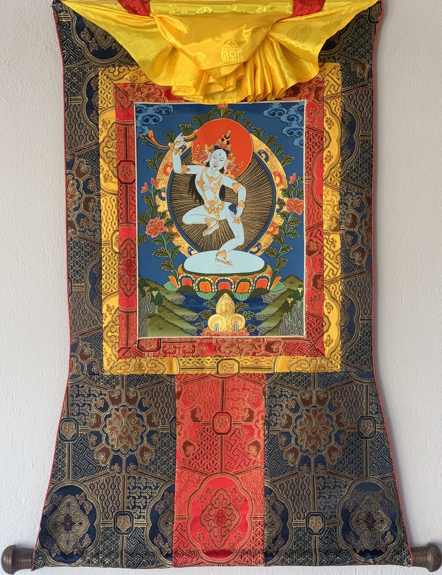 Original Hand-Painted Machig Labdron Tibetan Yogini Thangka Painting Buddhist Art Home Wall Hanging with Premium Silk Brocade