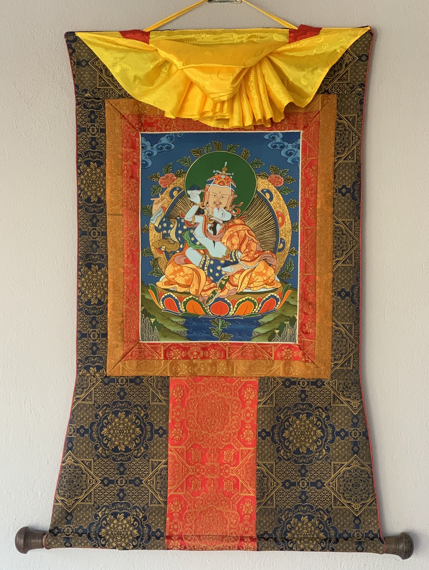 Hand-painted Padmasambhava Guru Shakti Guru Rinpoche, With Consort Mandarava Tibetan Thangka Painting with Silk Brocade