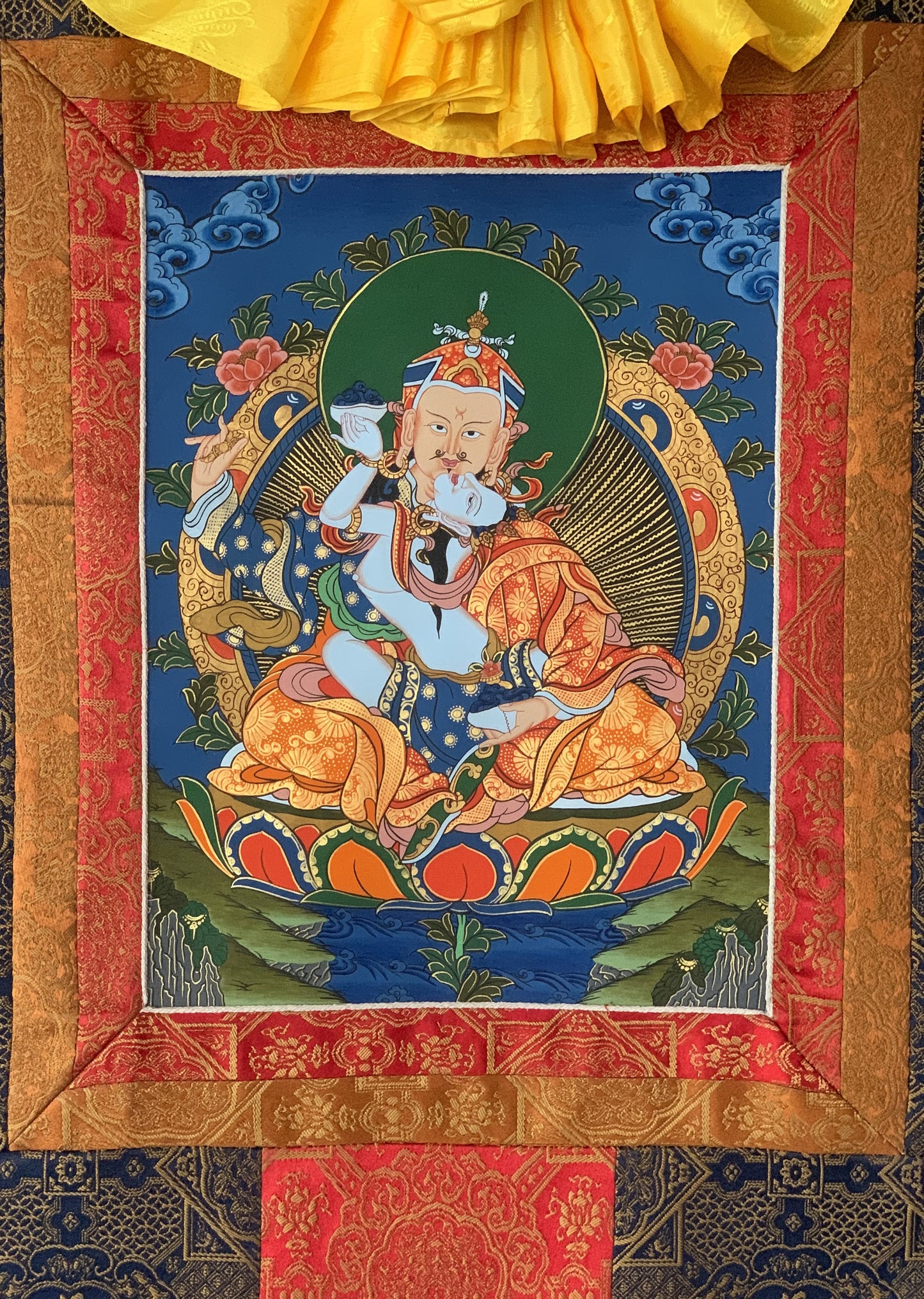 Hand-painted Padmasambhava Guru Shakti Guru Rinpoche, With Consort Mandarava Tibetan Thangka Painting with Silk Brocade