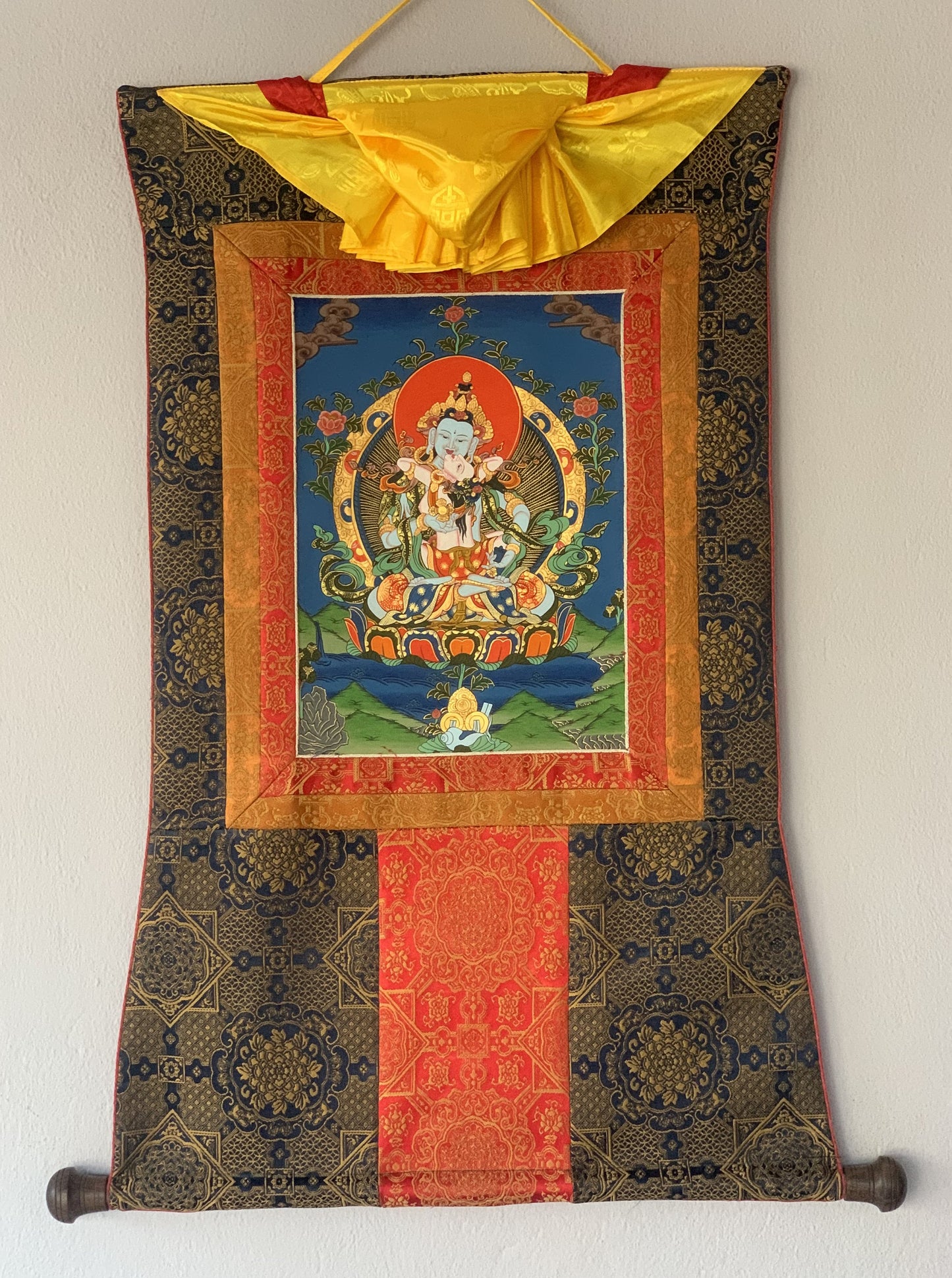 Original Hand-painted, Vajrasattva Shakti Dorje Sempa Master Quality Thangka Painting Compassion Meditation Art with Premium Silk Brocade