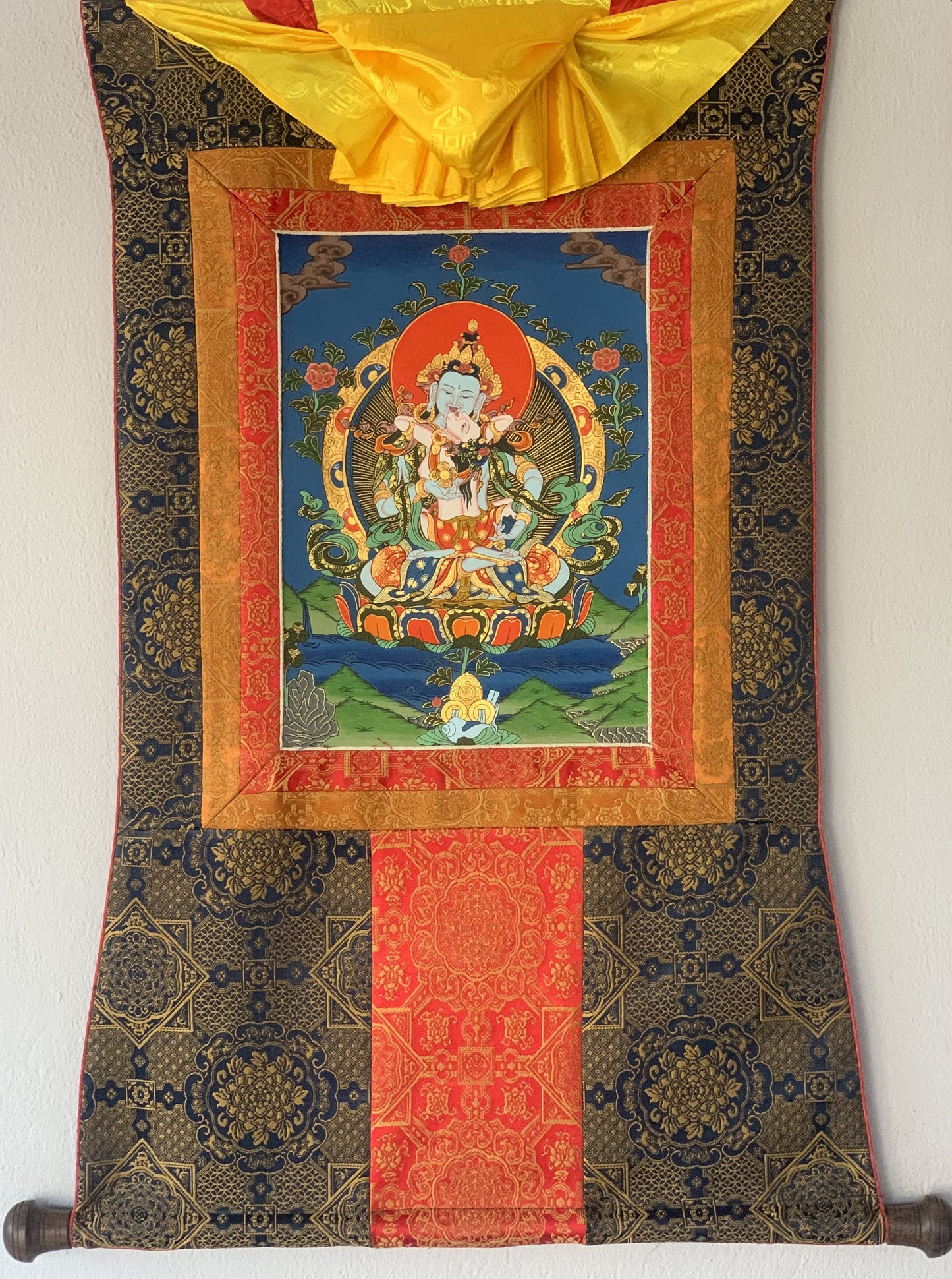 Original Hand-painted, Vajrasattva Shakti Dorje Sempa Master Quality Thangka Painting Compassion Meditation Art with Premium Silk Brocade