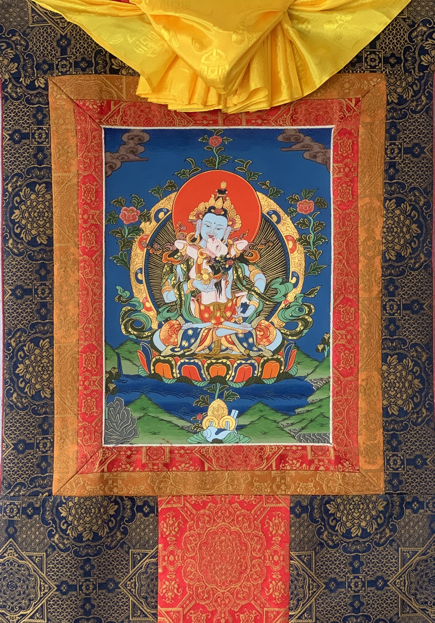 Original Hand-painted, Vajrasattva Shakti Dorje Sempa Master Quality Thangka Painting Compassion Meditation Art with Premium Silk Brocade