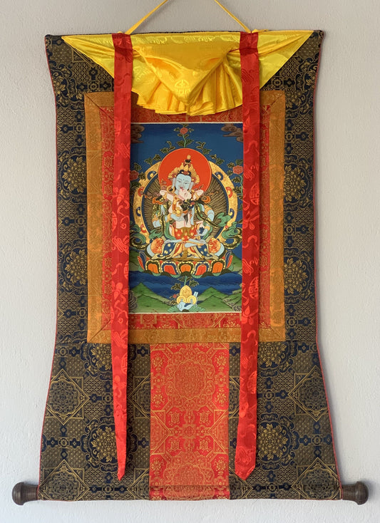 Original Hand-painted, Vajrasattva Shakti Dorje Sempa Master Quality Thangka Painting Compassion Meditation Art with Premium Silk Brocade