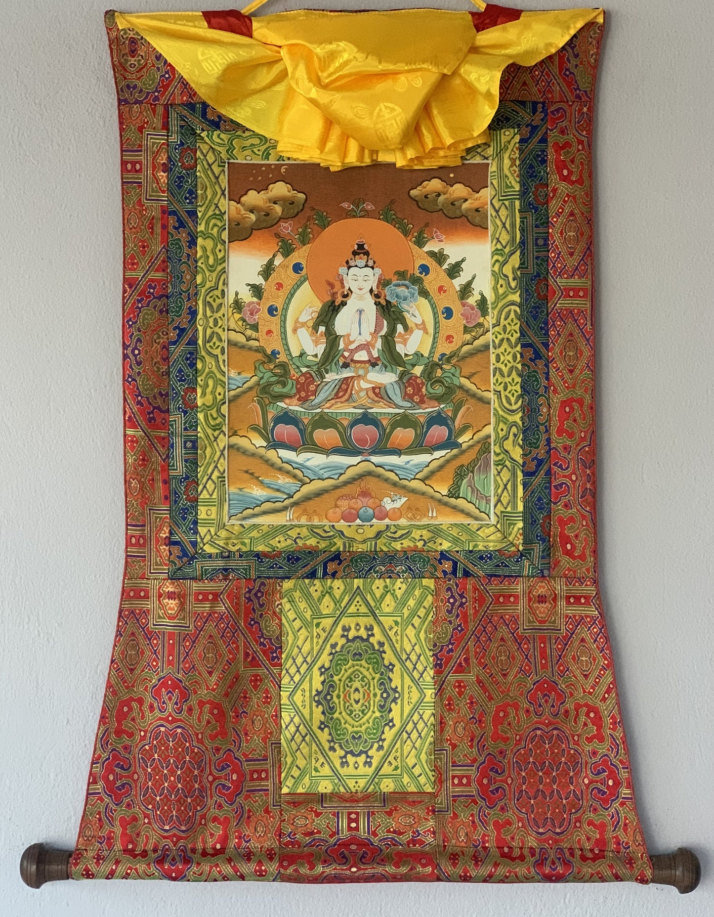 Original Hand Painted Chenrezig  /Avalokiteshvara Compassion Buddha Tibetan  Meditation Thangka / Thanka  Painting With Premium Silk Brocade