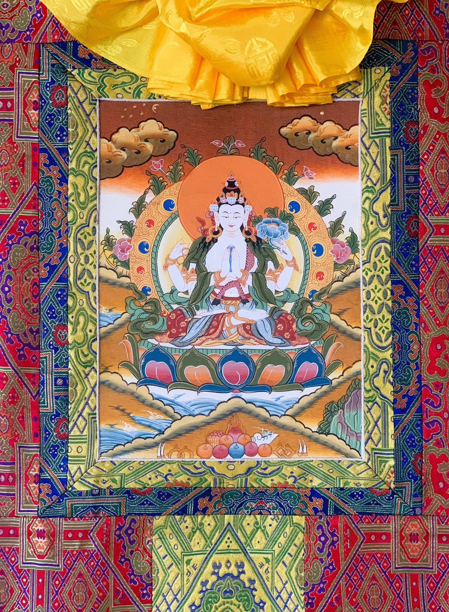 Original Hand Painted Chenrezig  /Avalokiteshvara Compassion Buddha Tibetan  Meditation Thangka / Thanka  Painting With Premium Silk Brocade