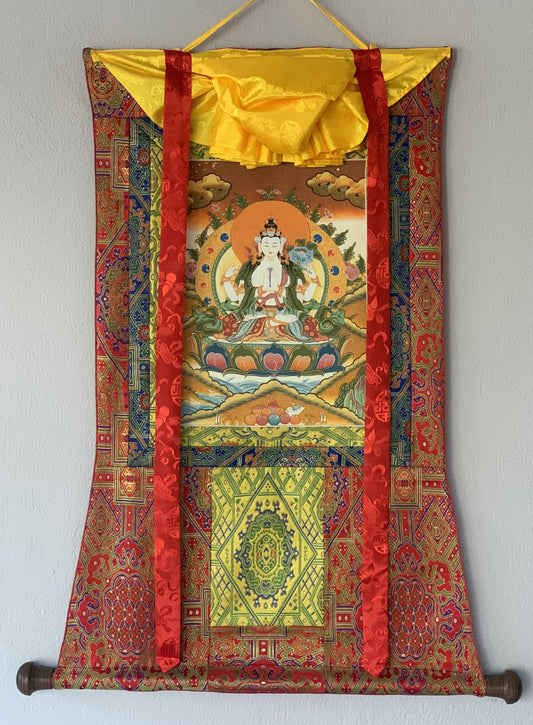 Original Hand Painted Chenrezig  /Avalokiteshvara Compassion Buddha Tibetan  Meditation Thangka / Thanka  Painting With Premium Silk Brocade