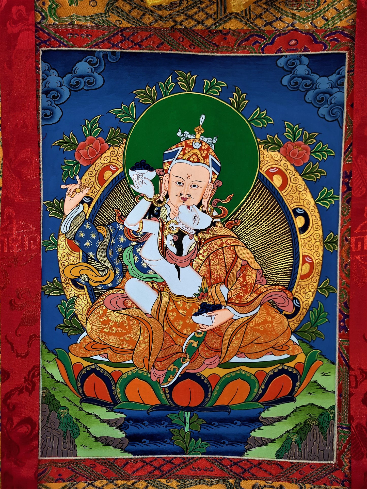 Hand-painted Padmasambhava Guru Shakti Guru Rinpoche, With Consort Mandarava Master Quality Tibetan Thangka Painting with Silk Brocade