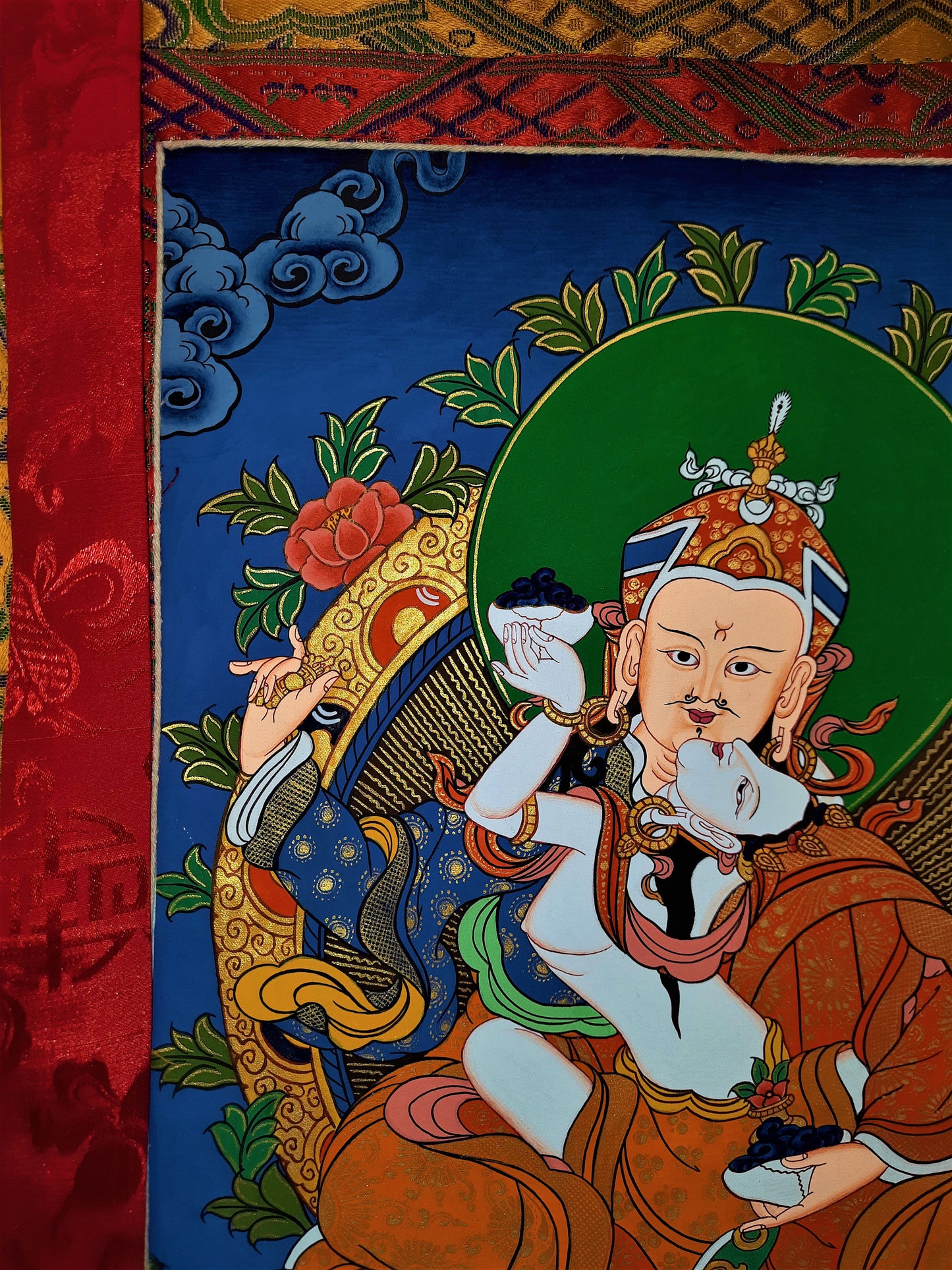 Hand-painted Padmasambhava Guru Shakti Guru Rinpoche, With Consort Mandarava Master Quality Tibetan Thangka Painting with Silk Brocade