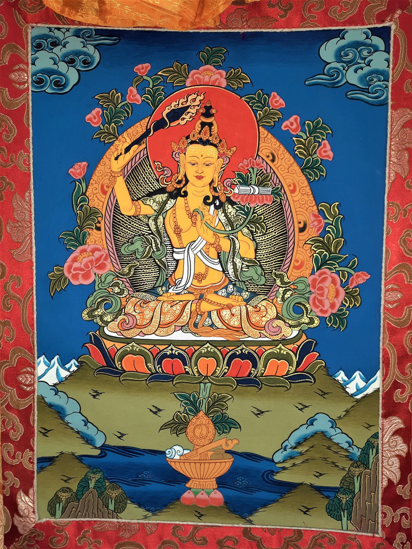 Original Manjushri / God Of Wisdom / Hand Painted Tibetan Compassion / Meditation / Tibetan Thangka / Thanka Painting - Silk Framed